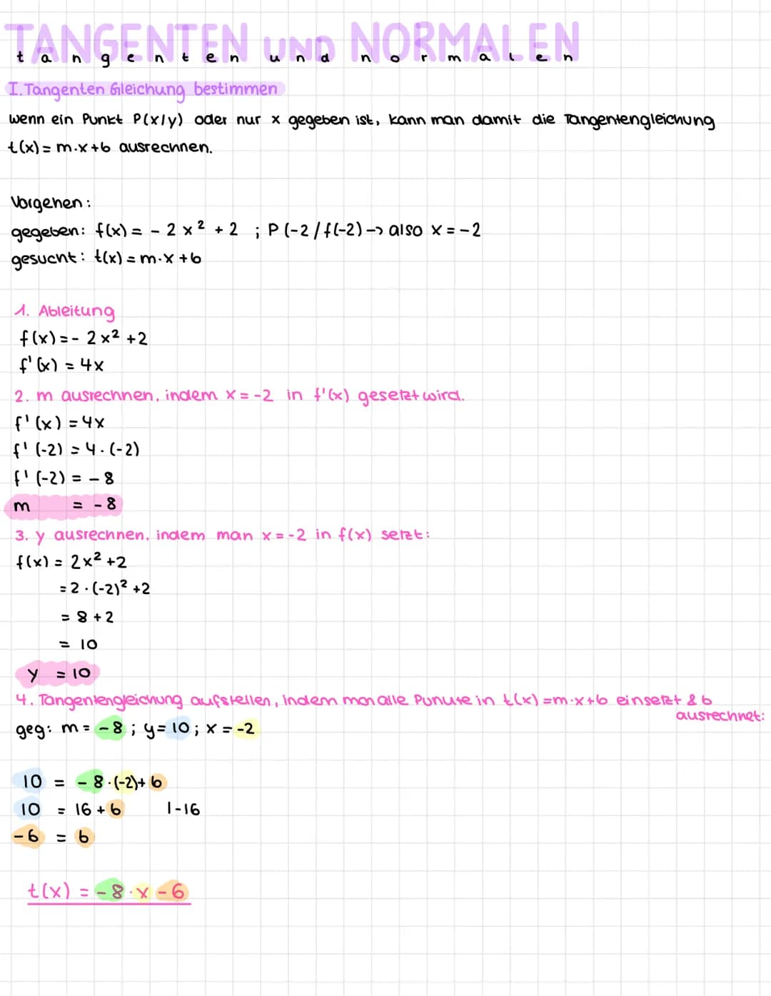 TANGENTEN UND NORMALEN
I. Tangenten Gleichung bestimmen
wenn ein Punkt P(x/y) oder nur x gegeben ist, kann man damit die Tangentengleichung
