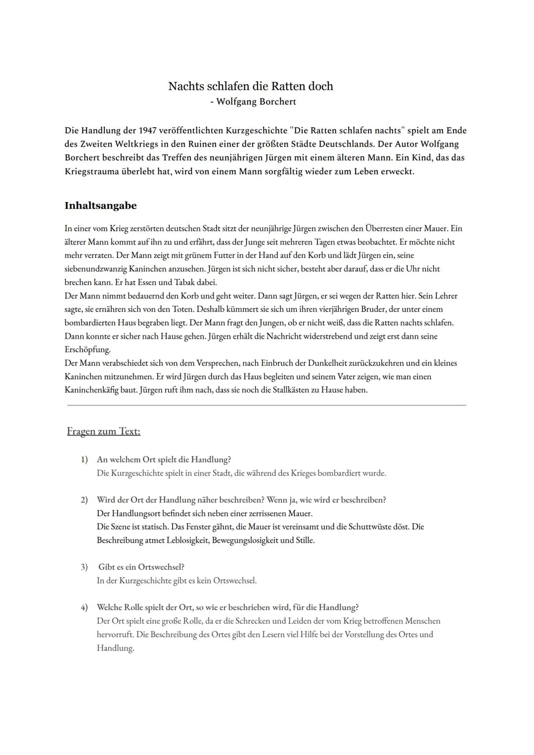 Die Handlung der 1947 veröffentlichten Kurzgeschichte "Die Ratten schlafen nachts" spielt am Ende
des Zweiten Weltkriegs in den Ruinen einer