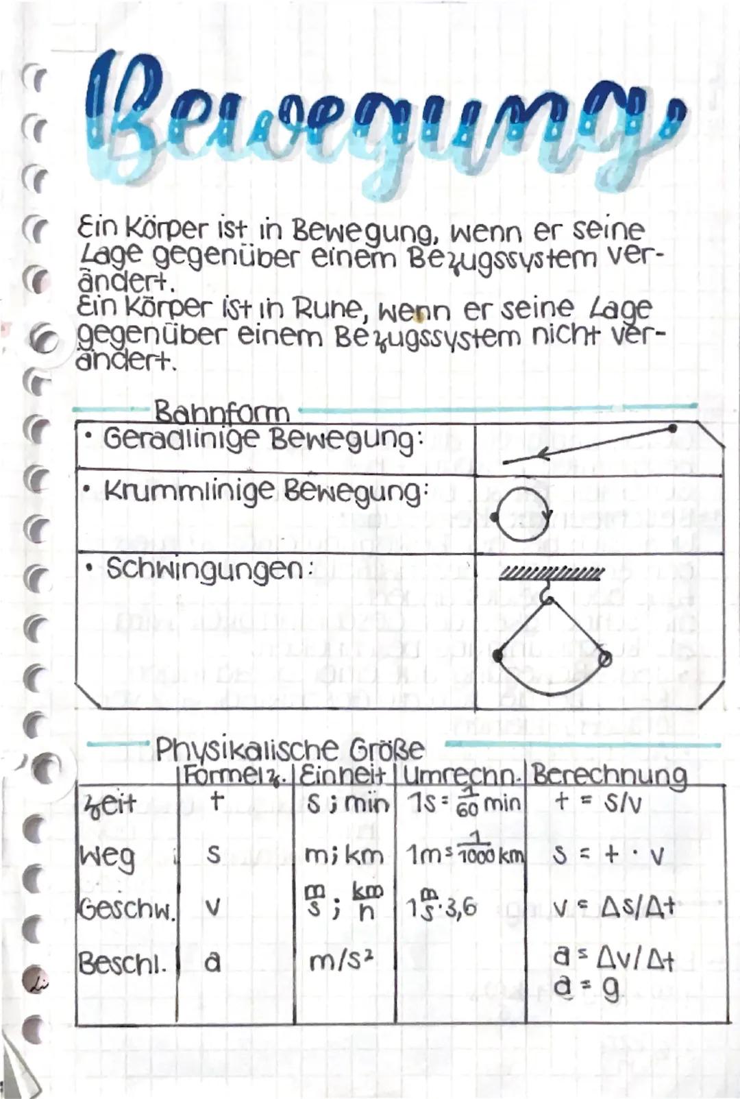 # Bewegung

Ein Körper ist in Bewegung, wenn er seine Lage gegenüber einem Bezugssystem verändert.
Ein Körper ist in Ruhe, wenn er seine Lag