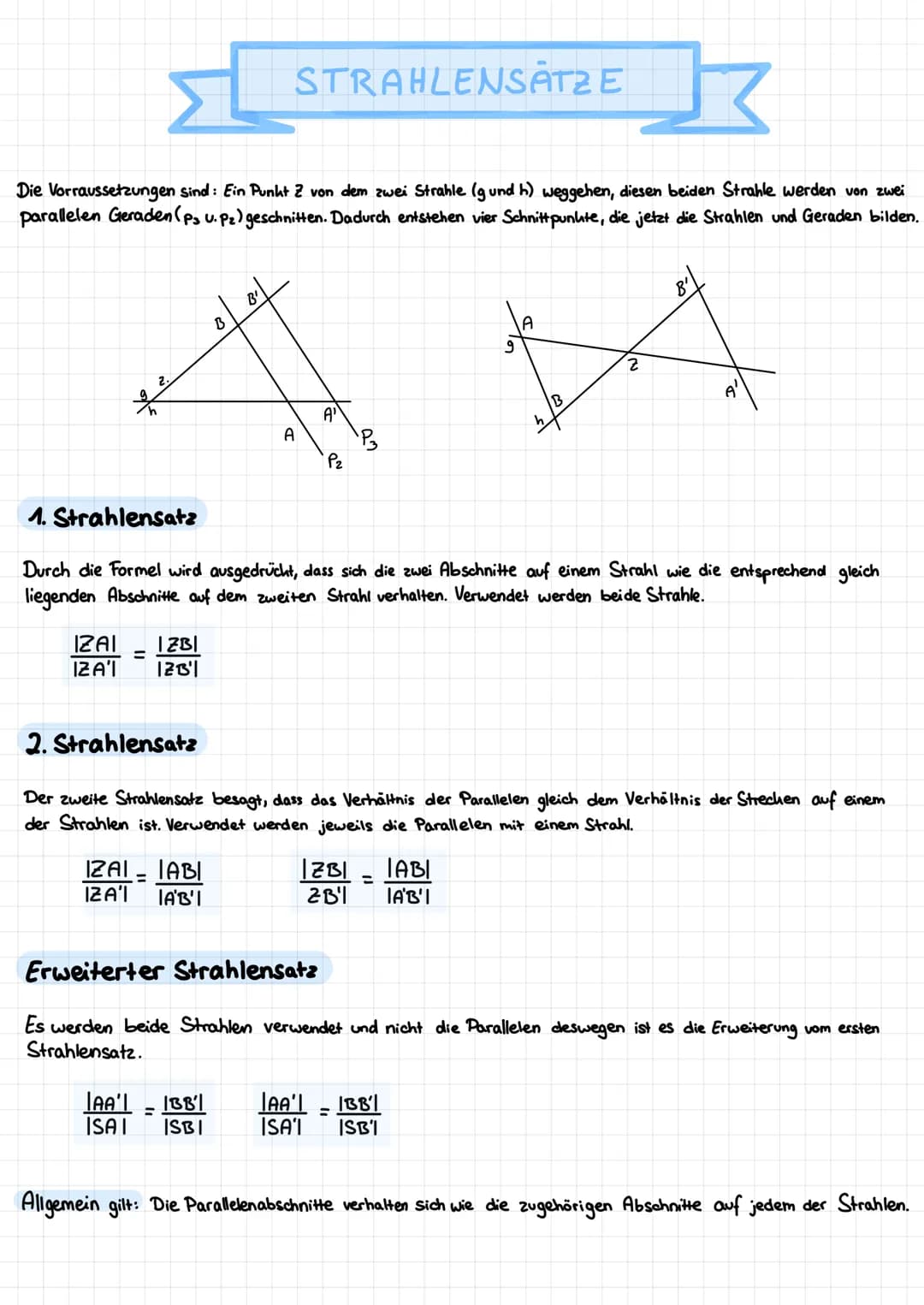 Die Vorraussetzungen sind: Ein Punkt 2 von dem zwei Strahle (g und h) weggehen, diesen beiden Strahle werden von zwei
parallelen Geraden (pa