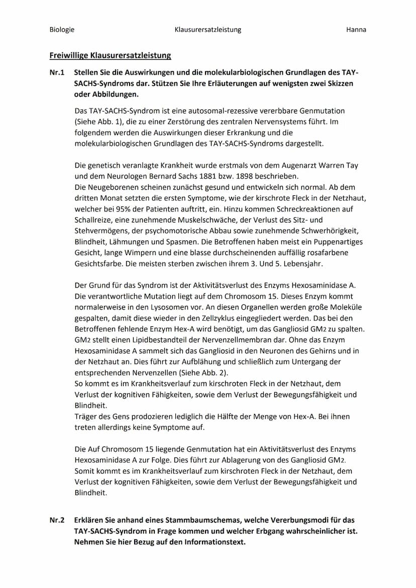 Biologie
Klausurersatzleistung
Informationstext: TAY-SACHS-Syndrom
Fallbeispiel zur Klausur:
Arbeitsmaterial:
Hanna
Quelle: Handbuch Kursunt