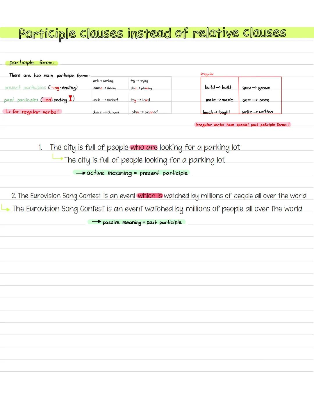 Participle clauses instead of relative clauses
participle forms:
There are two main participle forms:
present participles (-ing-ending)
past