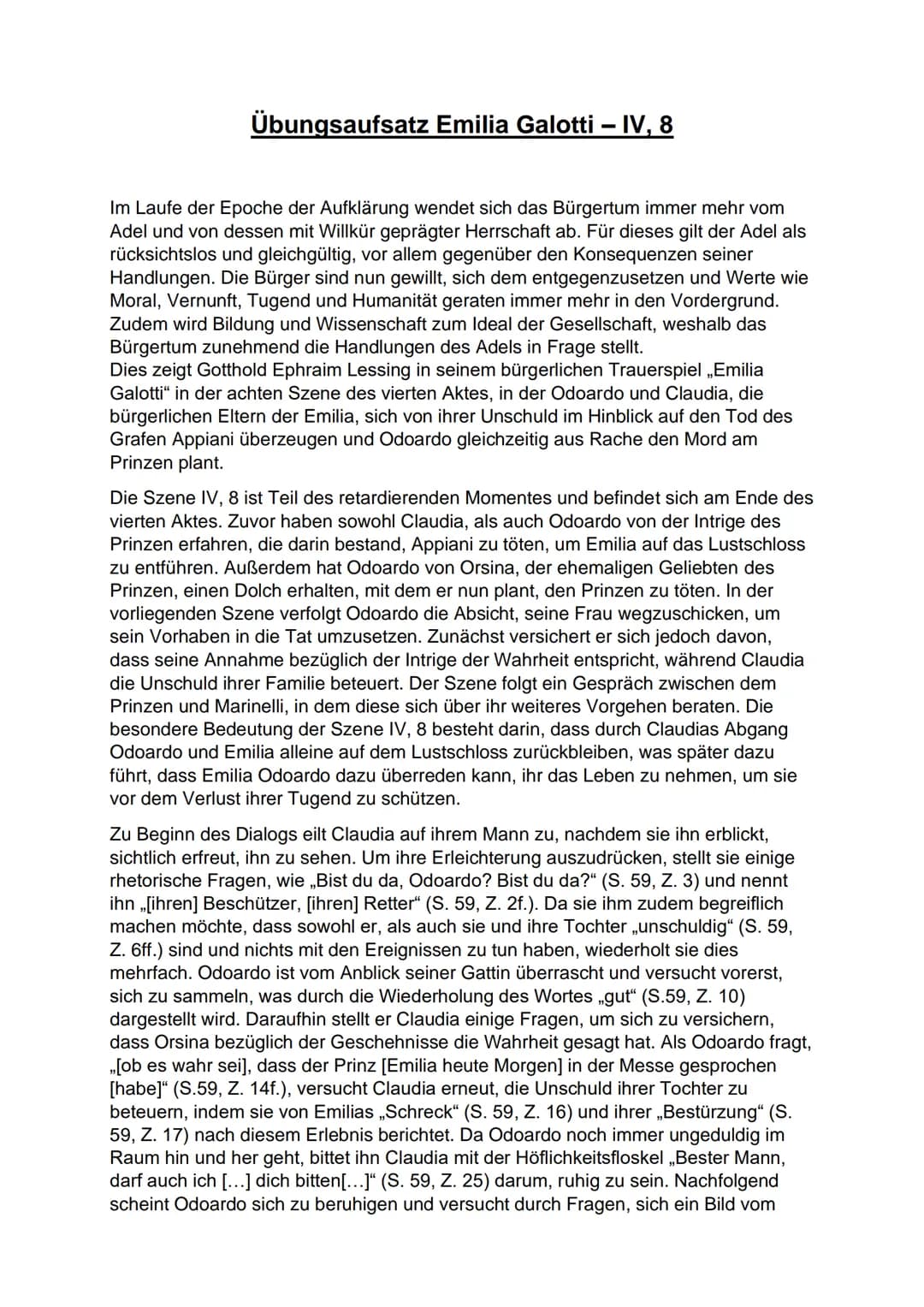 Übungsaufsatz Emilia Galotti - IV, 8
Im Laufe der Epoche der Aufklärung wendet sich das Bürgertum immer mehr vom
Adel und von dessen mit Wil