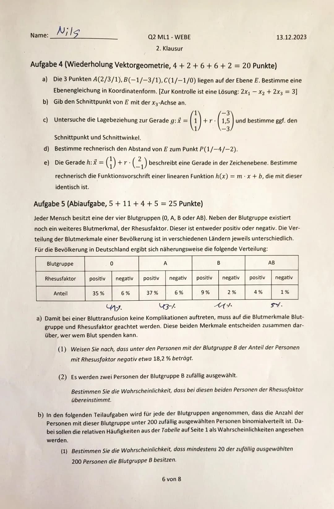 Name:
Nils
Hilfsmittelfreier Teil
Q2 ML1 WEBE
13.12.2023
2. Klausur
Aufgabe 1 (Grundlagen, 6+2+3+4 = 15 Punkte)
a) Bei einem Glückspiel wird