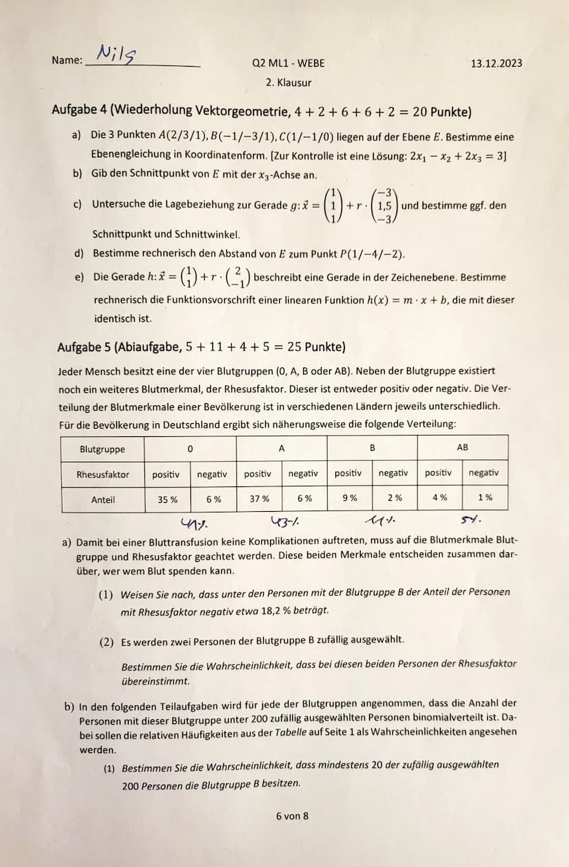 Name:
Nils
Hilfsmittelfreier Teil
Q2 ML1 WEBE
13.12.2023
2. Klausur
Aufgabe 1 (Grundlagen, 6+2+3+4 = 15 Punkte)
a) Bei einem Glückspiel wird