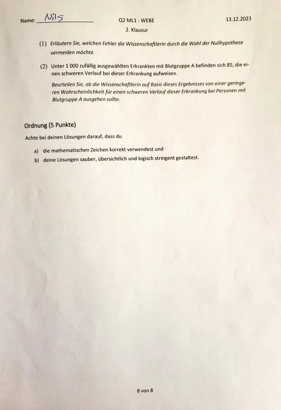 Name:
Nils
Hilfsmittelfreier Teil
Q2 ML1 WEBE
13.12.2023
2. Klausur
Aufgabe 1 (Grundlagen, 6+2+3+4 = 15 Punkte)
a) Bei einem Glückspiel wird