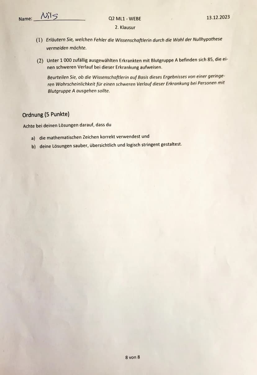 Name:
Nils
Hilfsmittelfreier Teil
Q2 ML1 WEBE
13.12.2023
2. Klausur
Aufgabe 1 (Grundlagen, 6+2+3+4 = 15 Punkte)
a) Bei einem Glückspiel wird