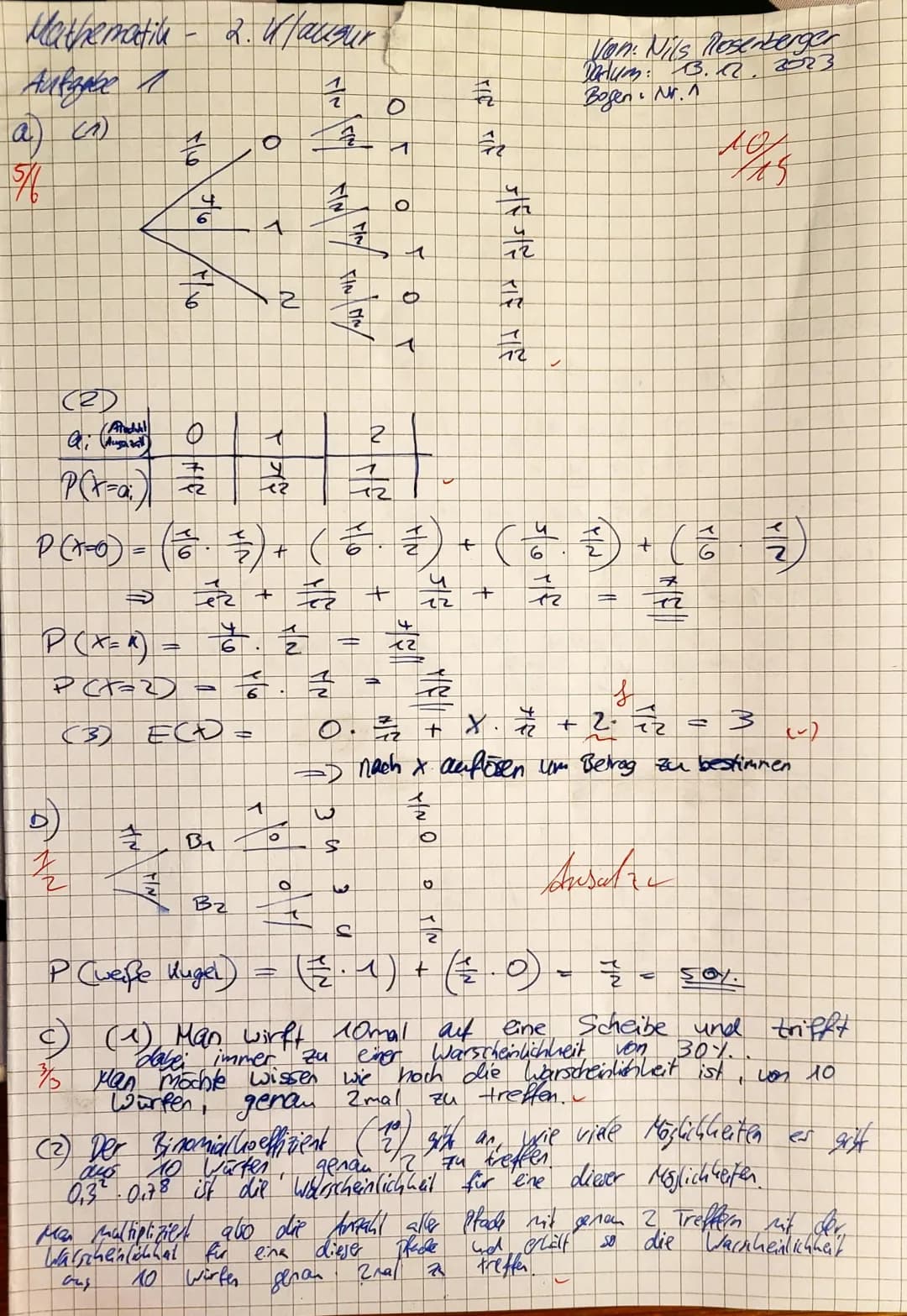 Name:
Nils
Hilfsmittelfreier Teil
Q2 ML1 WEBE
13.12.2023
2. Klausur
Aufgabe 1 (Grundlagen, 6+2+3+4 = 15 Punkte)
a) Bei einem Glückspiel wird