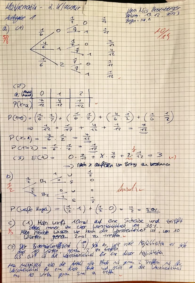 Name:
Nils
Hilfsmittelfreier Teil
Q2 ML1 WEBE
13.12.2023
2. Klausur
Aufgabe 1 (Grundlagen, 6+2+3+4 = 15 Punkte)
a) Bei einem Glückspiel wird