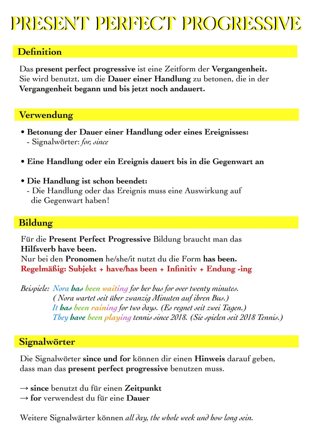 PRESENT PERFECT PROGRESSIVE
Definition
Das present perfect progressive ist eine Zeitform der Vergangenheit.
Sie wird benutzt, um die Dauer e