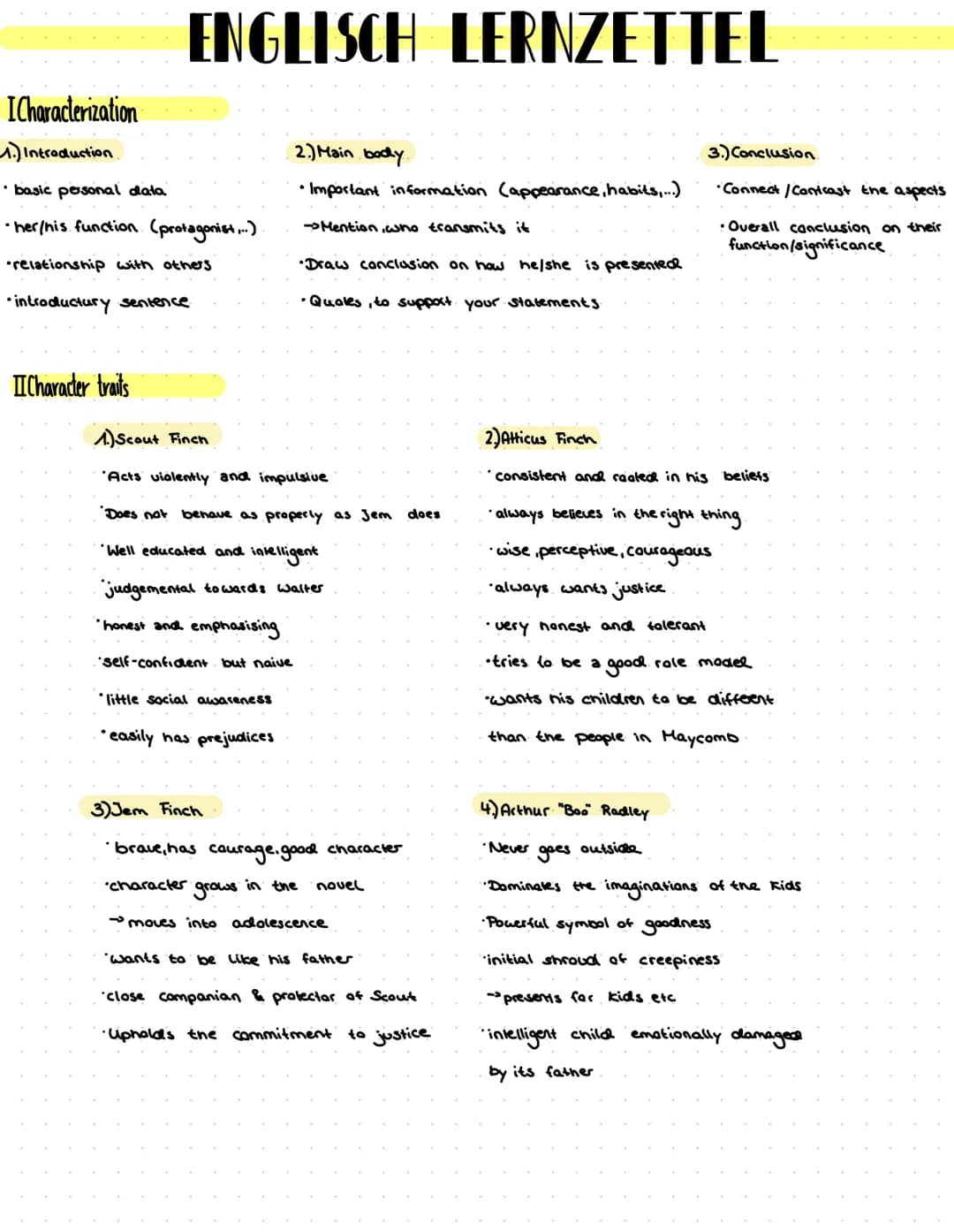 ENGLISCH LERNZETTEL
ICharacterization
1.) Introduction.
• basic personal data
• her/his function (protagonist...).
relationship with others
