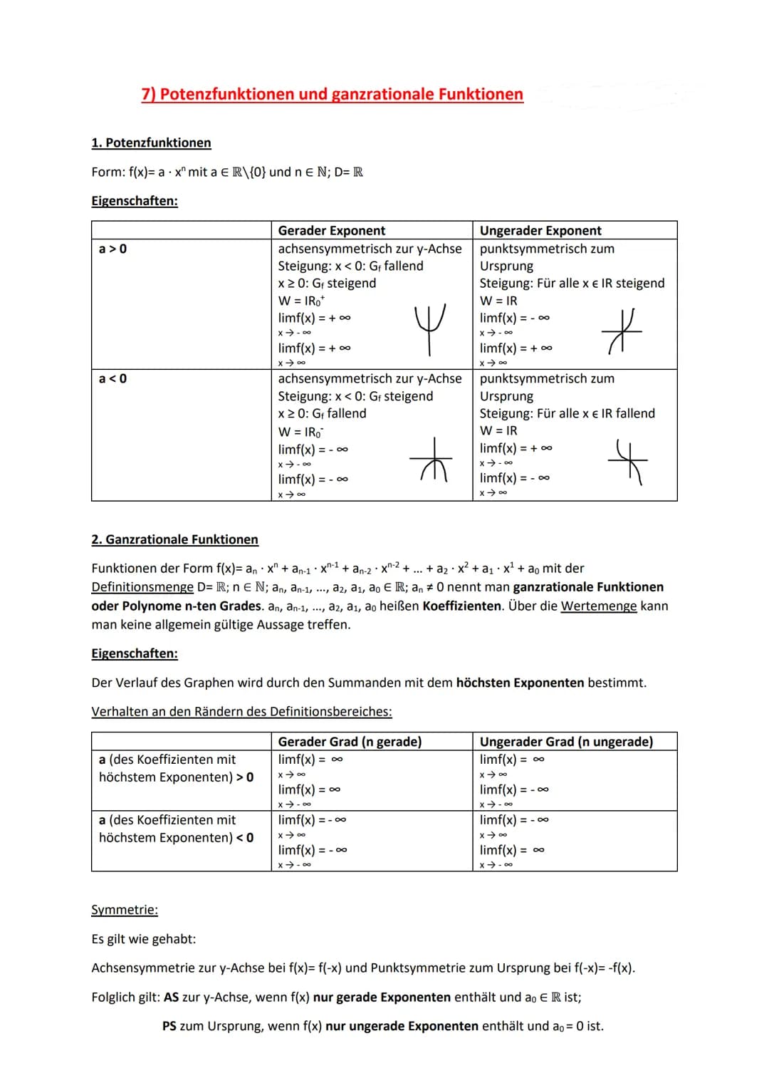 1. Potenzfunktionen
Form: f(x)= ax mit a E R\{0} und n E N; D= R
Eigenschaften:
a>0
7) Potenzfunktionen und ganzrationale Funktionen
a<0
a (