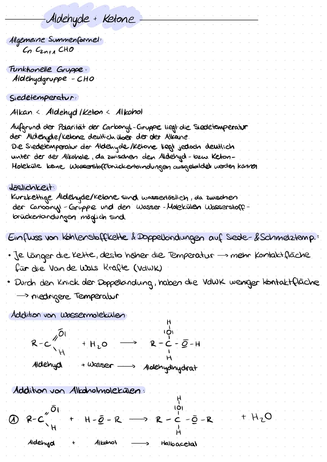 -Aldehyde +
Allgemeine Summenformel:
Сп. Счита сно
Funktionelle Gruppe:
Aldehydgruppe - CHO
Siedetemperatur:
Alkan < Aldehyd / Keton < Alkoh