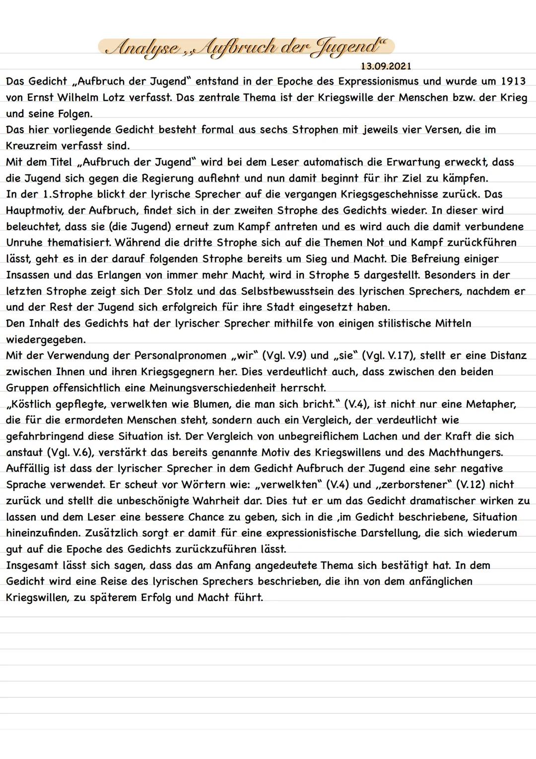 # Analyse Aufbruch der Jugend
13.09.2021

Das Gedicht „Aufbruch der Jugend" entstand in der Epoche des Expressionismus und wurde um 1913
von