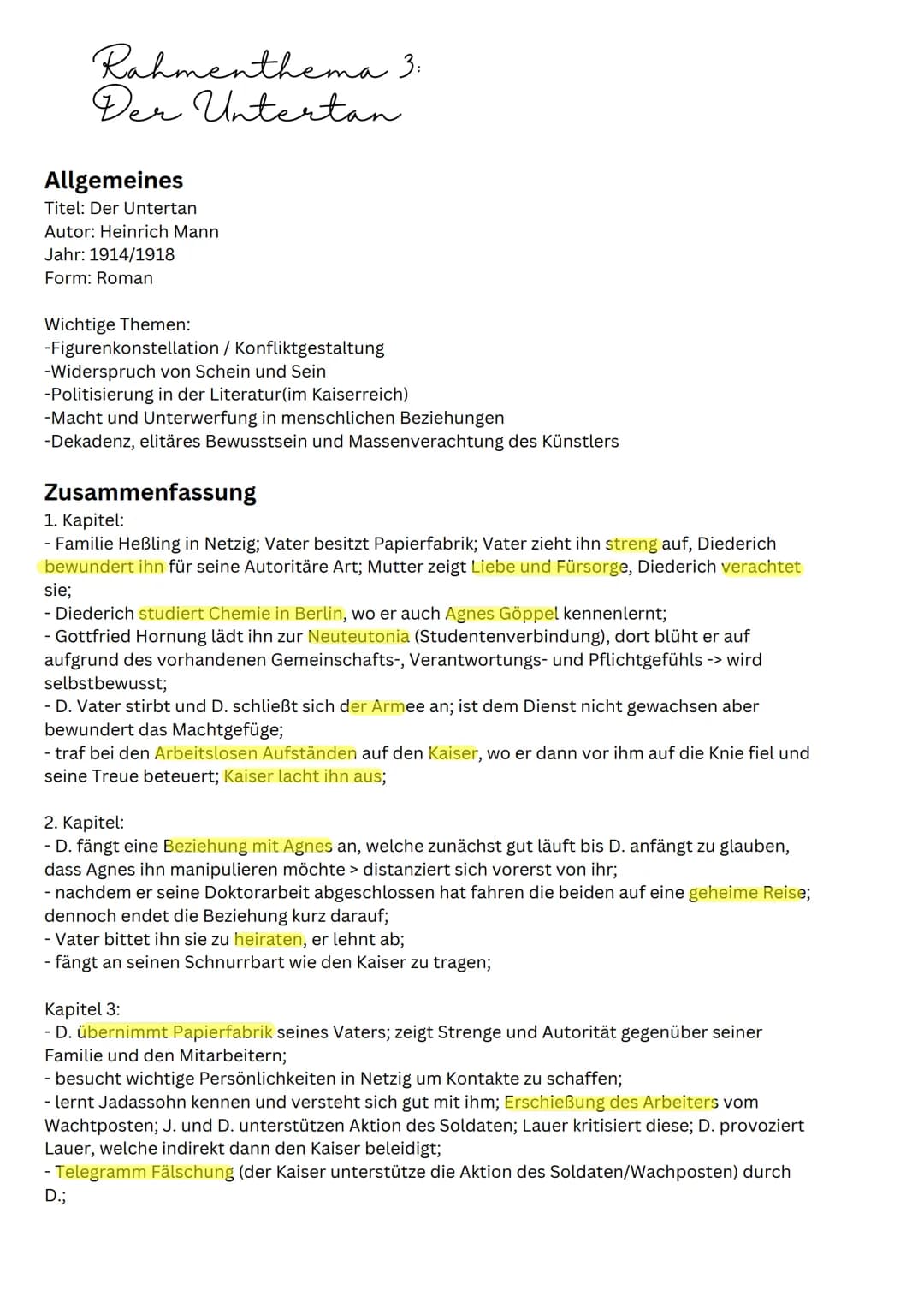 Rahmenthema 3:
Der Untertan
Allgemeines
Titel: Der Untertan
Autor: Heinrich Mann
Jahr: 1914/1918
Form: Roman
Wichtige Themen:
-Figurenkonste