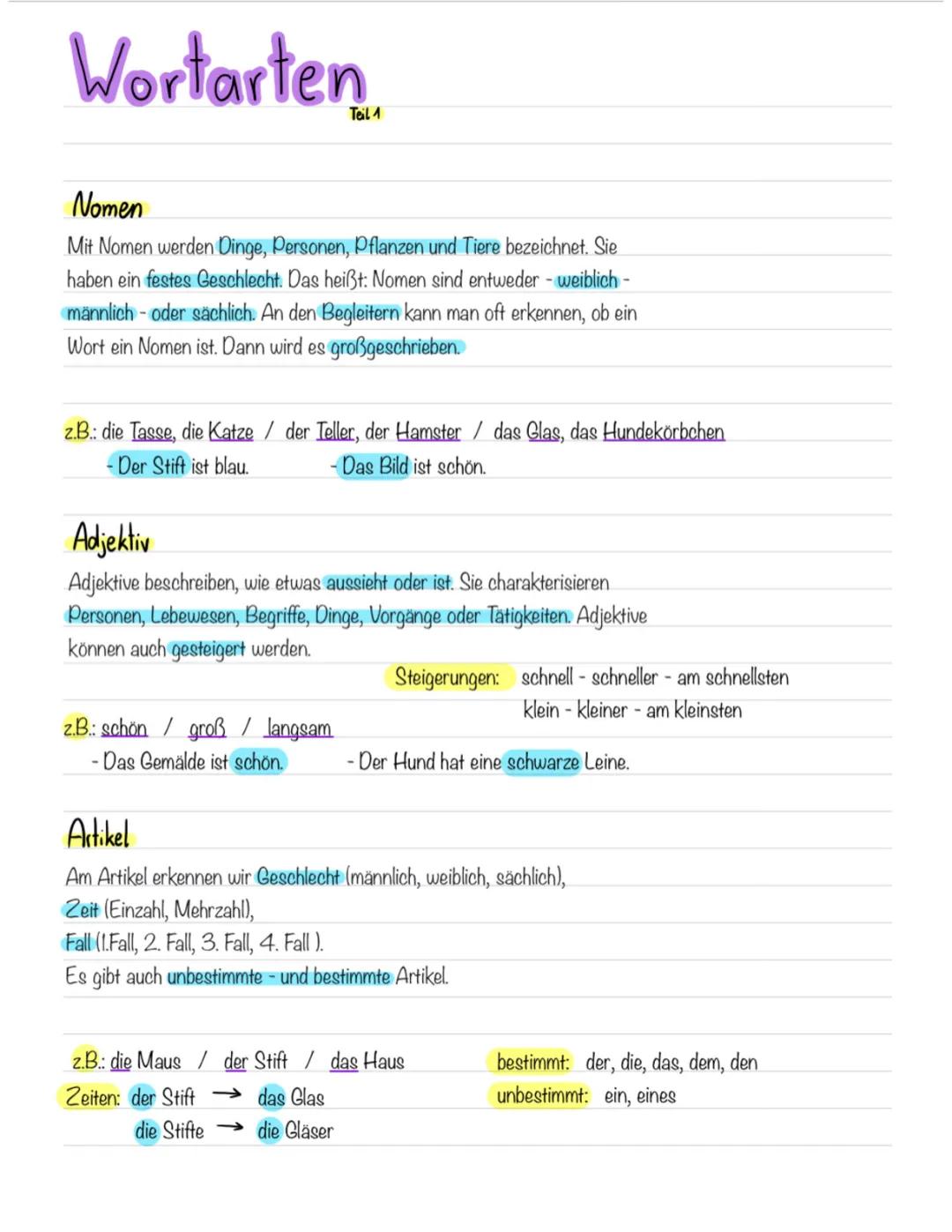 Wortarten Tabelle und Übersicht: Übungen, Beispiele, PDFs zum Ausdrucken