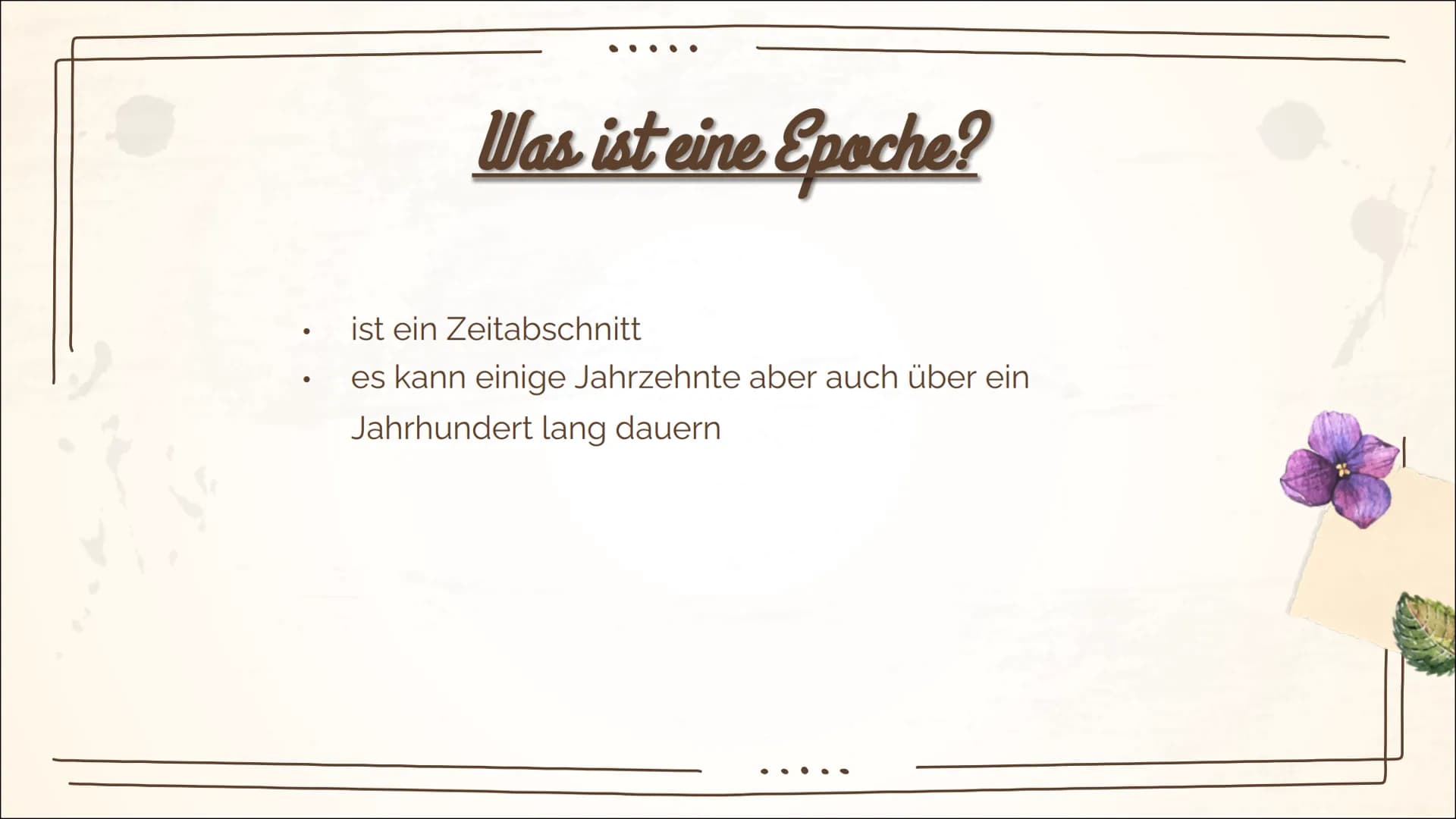 Sturm & Drang
(1765-1785)
*Pom 1
Was ist
eine
Epoche?
2
Was ist
Sturm und
Drang?
3
Entstehung
Inhaltsverzeichnis
4
Merkmale
5
Themen
6
Gattu