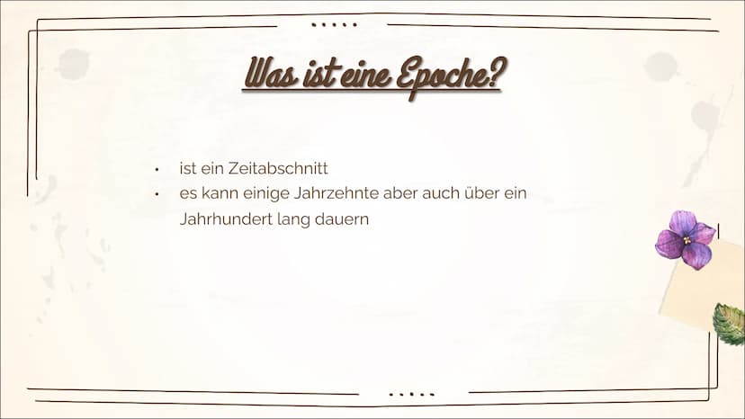 Sturm & Drang
(1765-1785)
*Pom 1
Was ist
eine
Epoche?
2
Was ist
Sturm und
Drang?
3
Entstehung
Inhaltsverzeichnis
4
Merkmale
5
Themen
6
Gattu