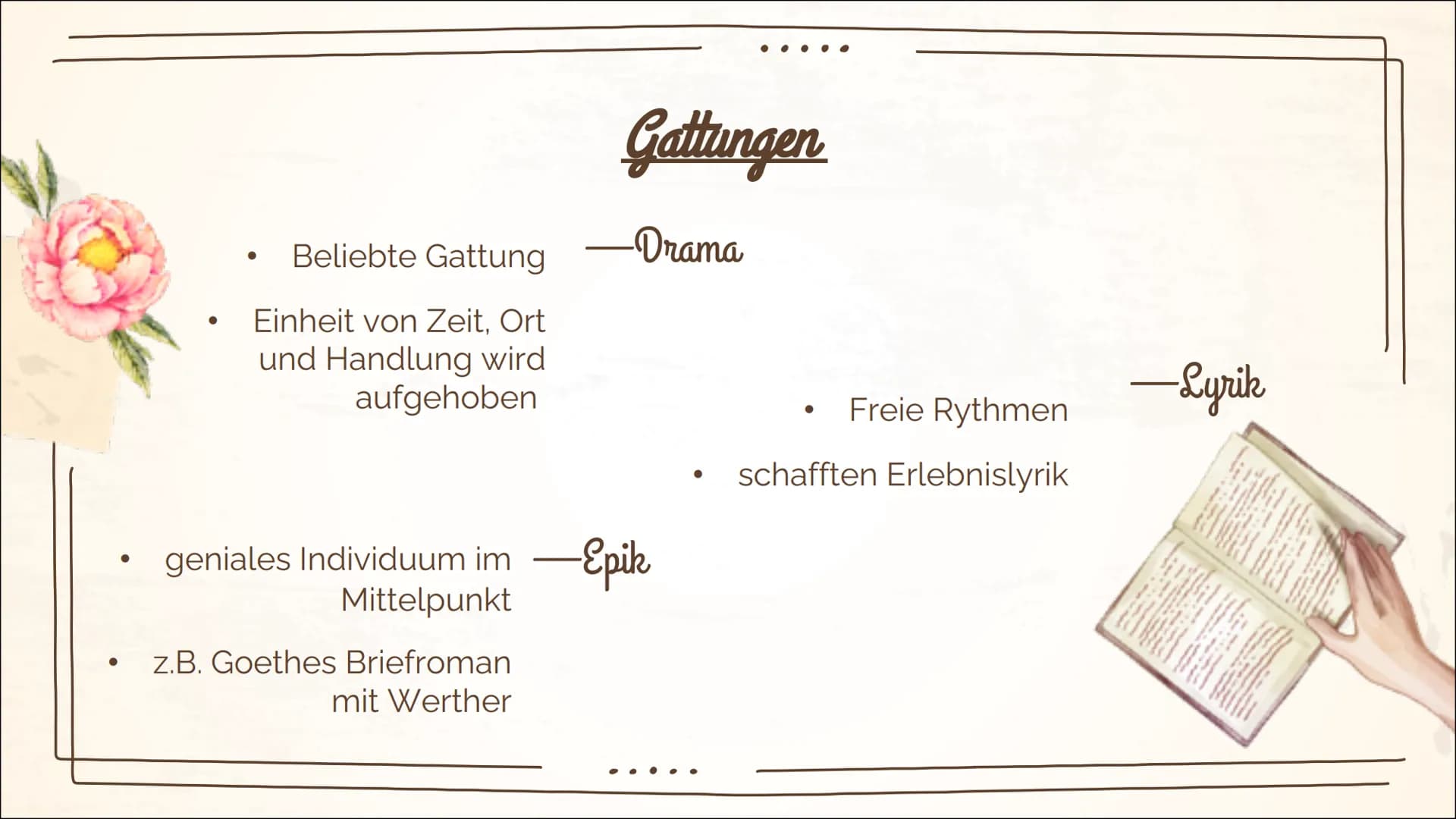 Sturm & Drang
(1765-1785)
*Pom 1
Was ist
eine
Epoche?
2
Was ist
Sturm und
Drang?
3
Entstehung
Inhaltsverzeichnis
4
Merkmale
5
Themen
6
Gattu