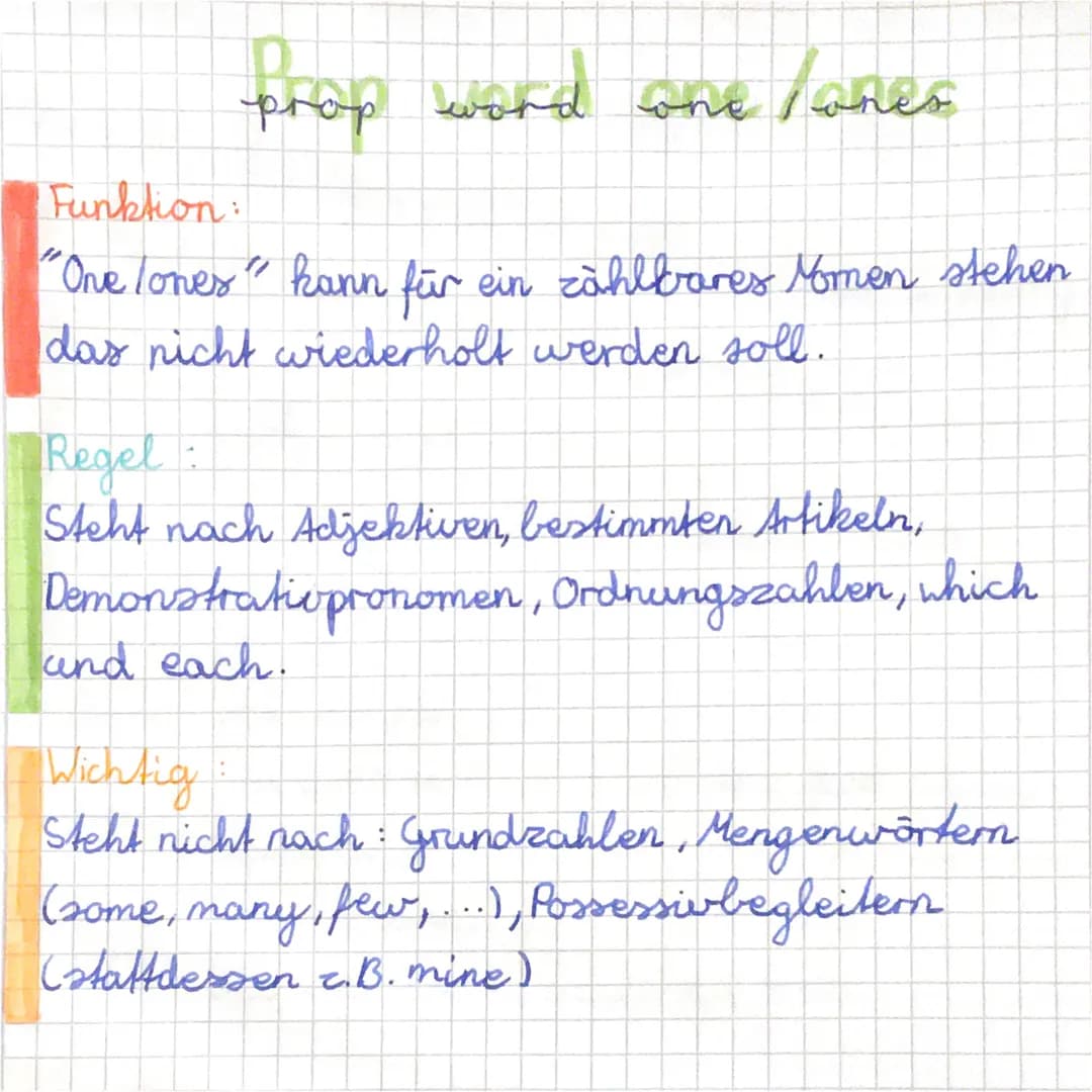 frop word one /ones
Funktion:
"One lones" kann für ein zählbares Momen stehen
das nicht wiederholt werden soll.
Regel
Steht nach Adjektiven,