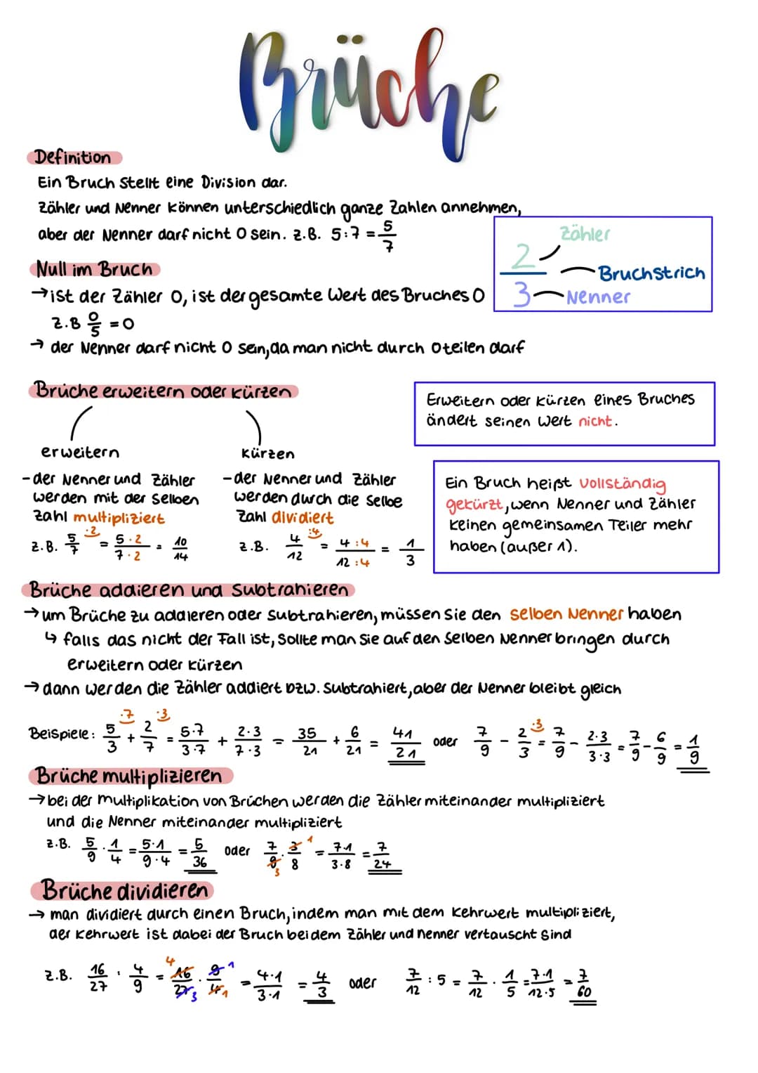 Definition
Ein Bruch Stellt eine Division dar.
Zähler und Nenner können unterschiedlich
aber der Nenner darf nicht O sein. z.B. 5:7=.
7
erwe