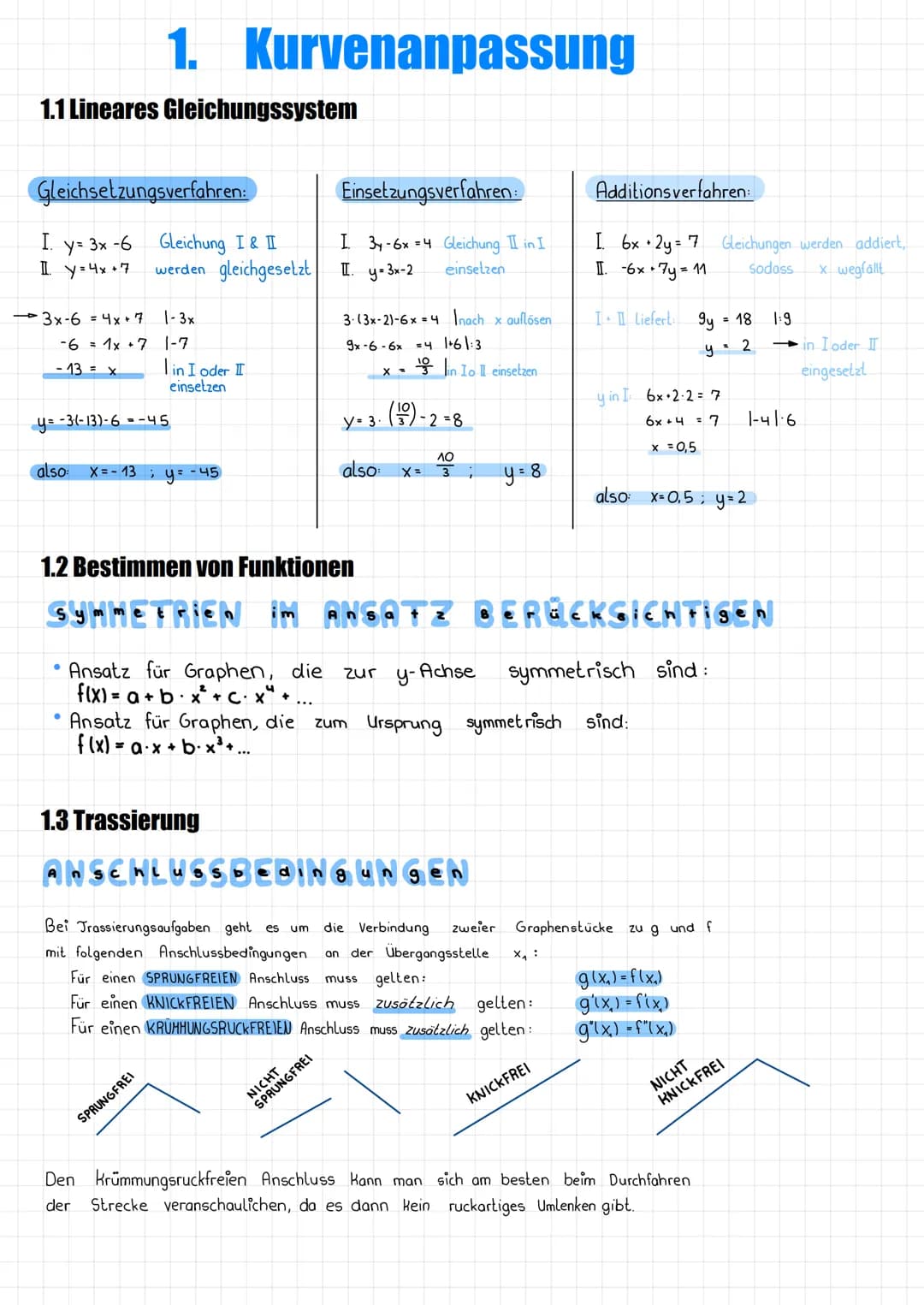 1.1 Lineares Gleichungssystem
Gleichsetzungsverfahren:
I. y = 3x -6
I y= 4x + 7
3x-6 = 4x + 7
-6 = 1x +7
- 13 = x
1. Kurvenanpassung
Gleichu