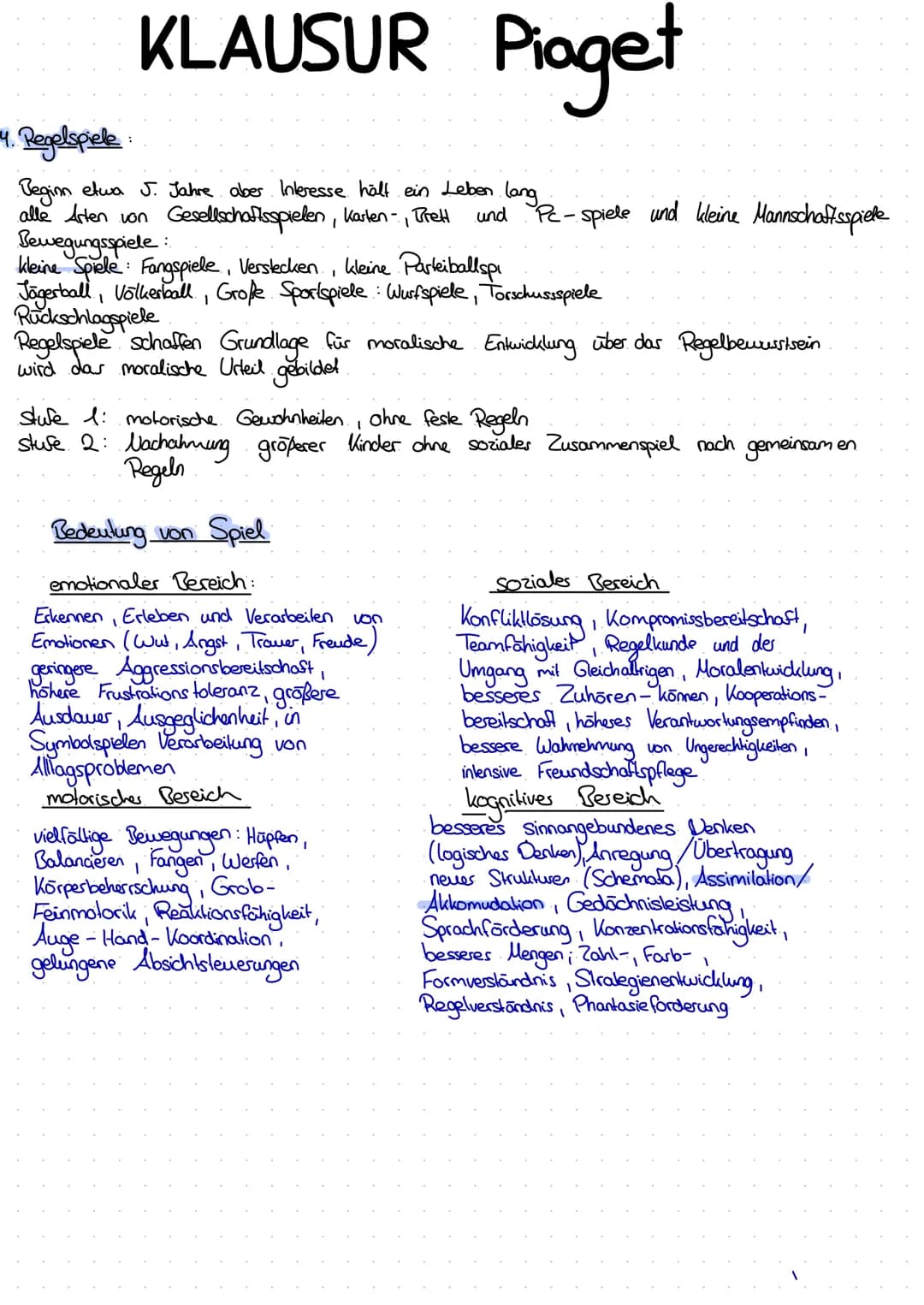 KLAUSUR Piaget
4. Regelspiele
Beginn etwa J. Jahre aber Interesse hält ein Leben lang
alle Arten von
Gesellschaftsspielen, Karten-, Brett un