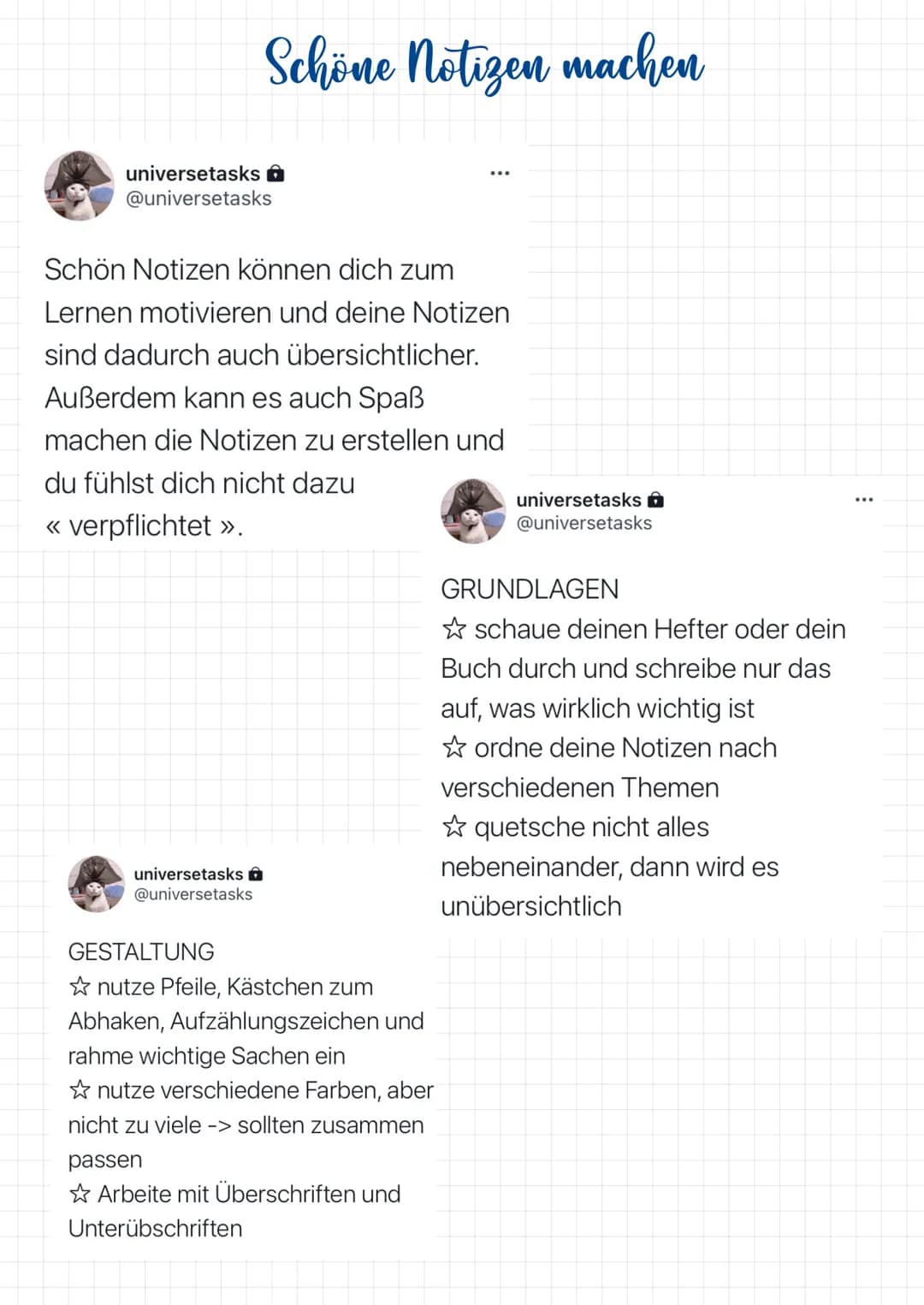 Schöne Notigen machen
universetasks
@universetasks
Schön Notizen können dich zum
Lernen motivieren und deine Notizen
sind dadurch auch übers