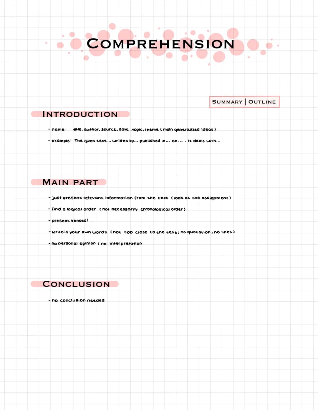 COMPREHENSION
INTRODUCTION
-name: title, author, Source, date, topic, theme (main generalized ideas)
- example: The given text... written by