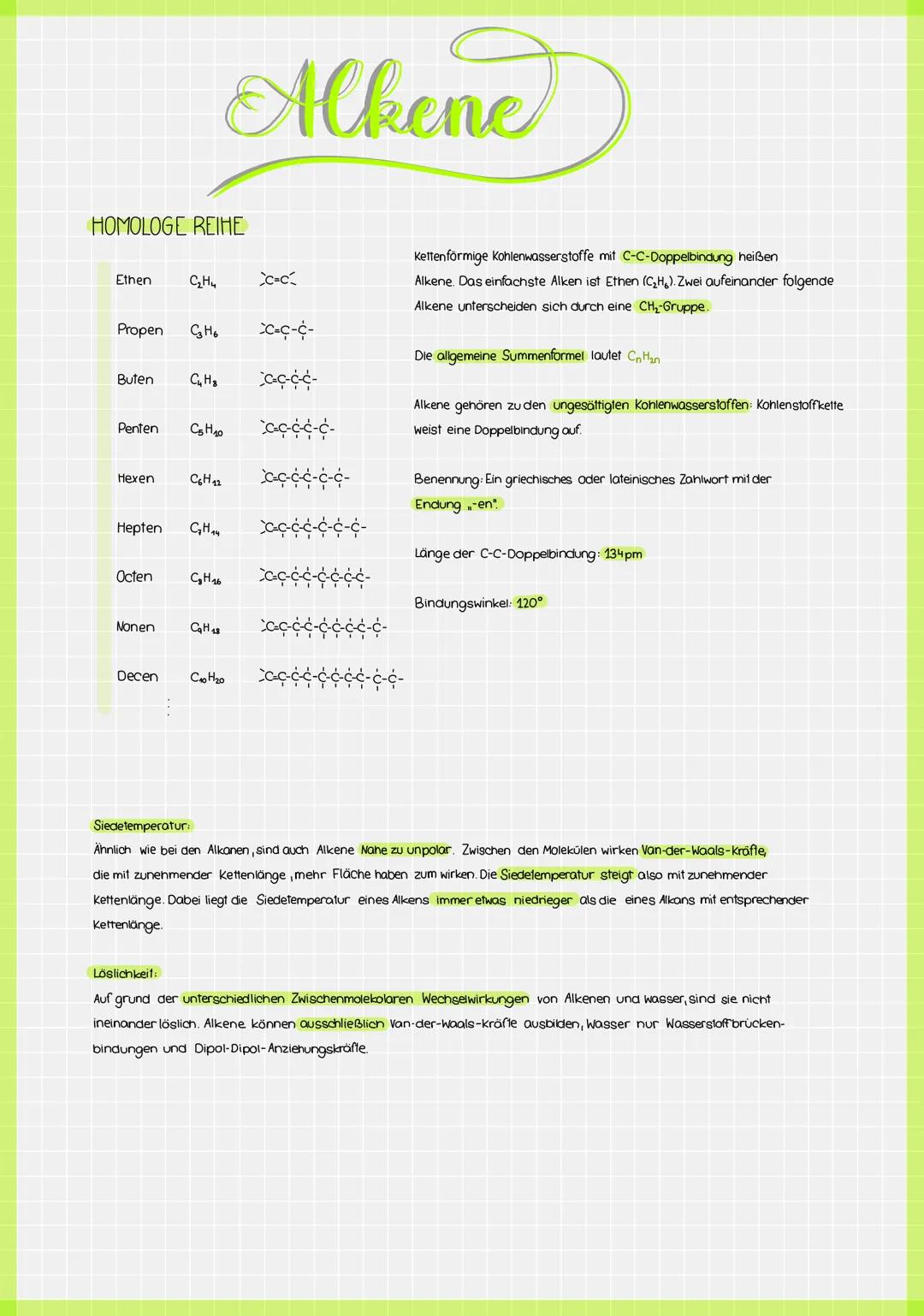 HOMOLOGE REIHE
Ethen
Buten
Penten
Propen C₂H6 *C-C-C-
C₂H₂ C-c-c-c-
Hexen
Octen
C₂H₂
Nonen
Hepten C₂H₁4
Decen
C₂H₂0
C6H12
CgH 16
Alkene
C₂H 