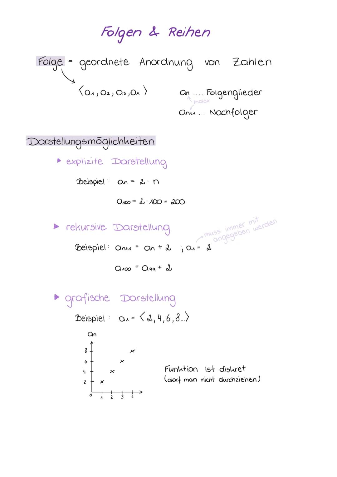 Folgen & Reihen
Folge = geordnete Anordnung von
<a₁, A₂, A3,
Darstellungsmöglichkeiten
► explizite Darstellung
Beispiel
an = 2・n
rekursive D