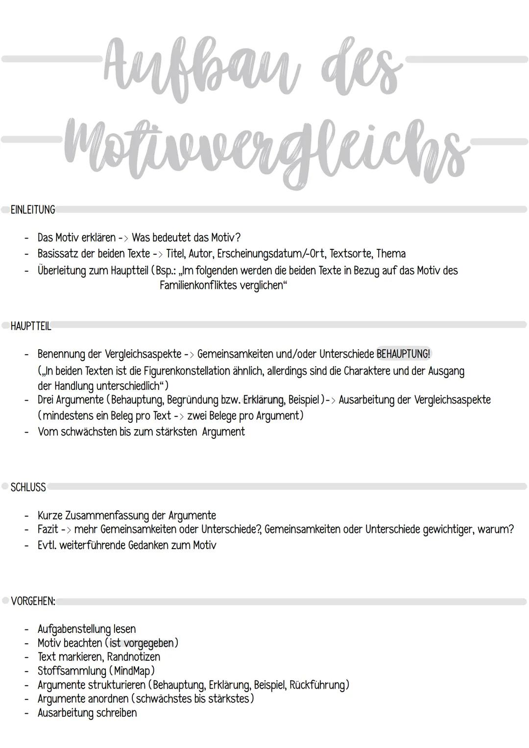 # Aufbau des

# Motivvergleichs-

EINLEITUNG

- Das Motiv erklären -> Was bedeutet das Motiv?
- Basissatz der beiden Texte -> Titel, Autor, 