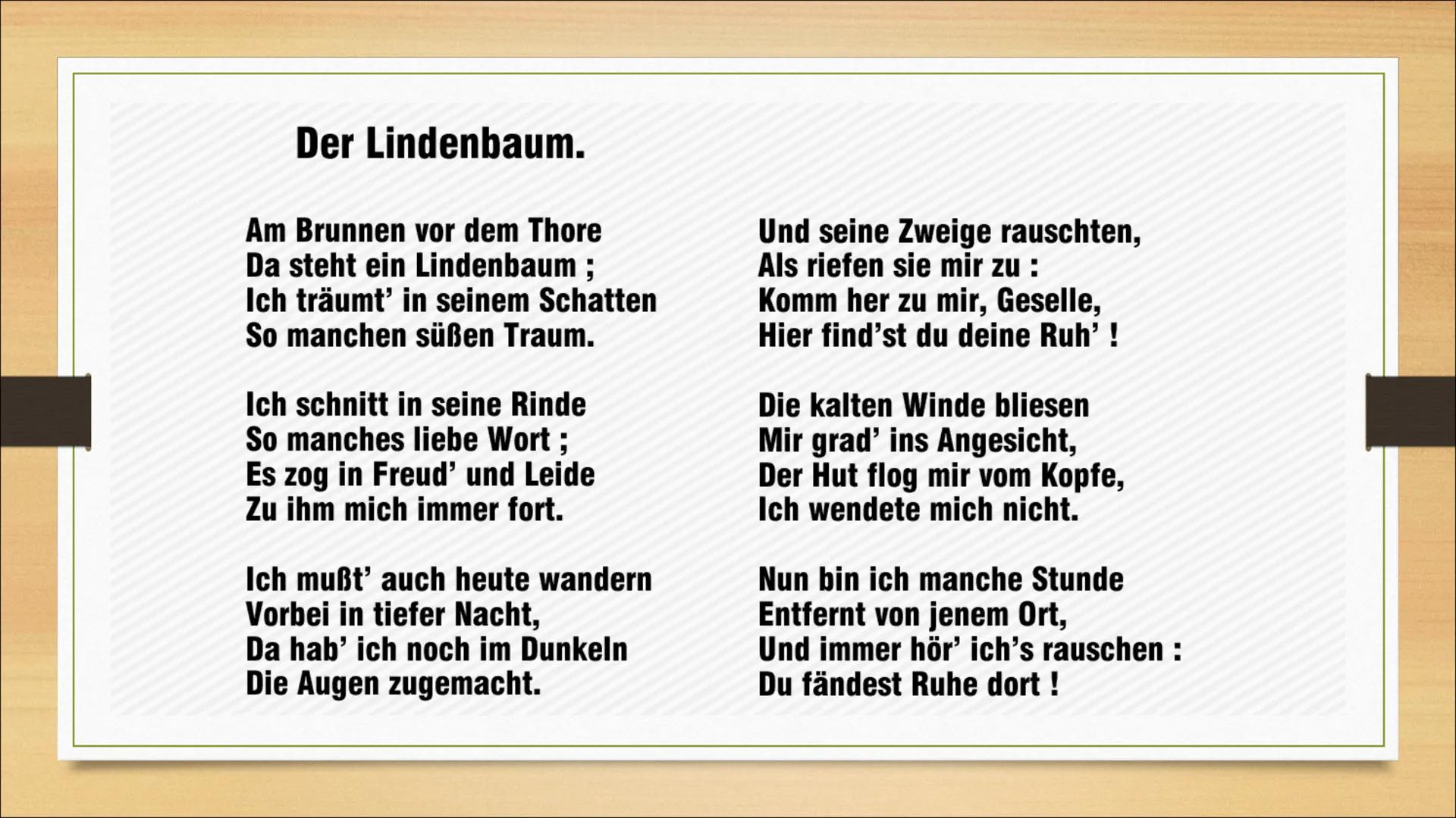 Der
Lindenbaum
Wilhelm Müller
Charlotte, Moritz, Emil, Adam ●
Gedicht
Inhalt
●
Interpretation
Biografie Wilhelm Müller
• Gedichtform und Sti
