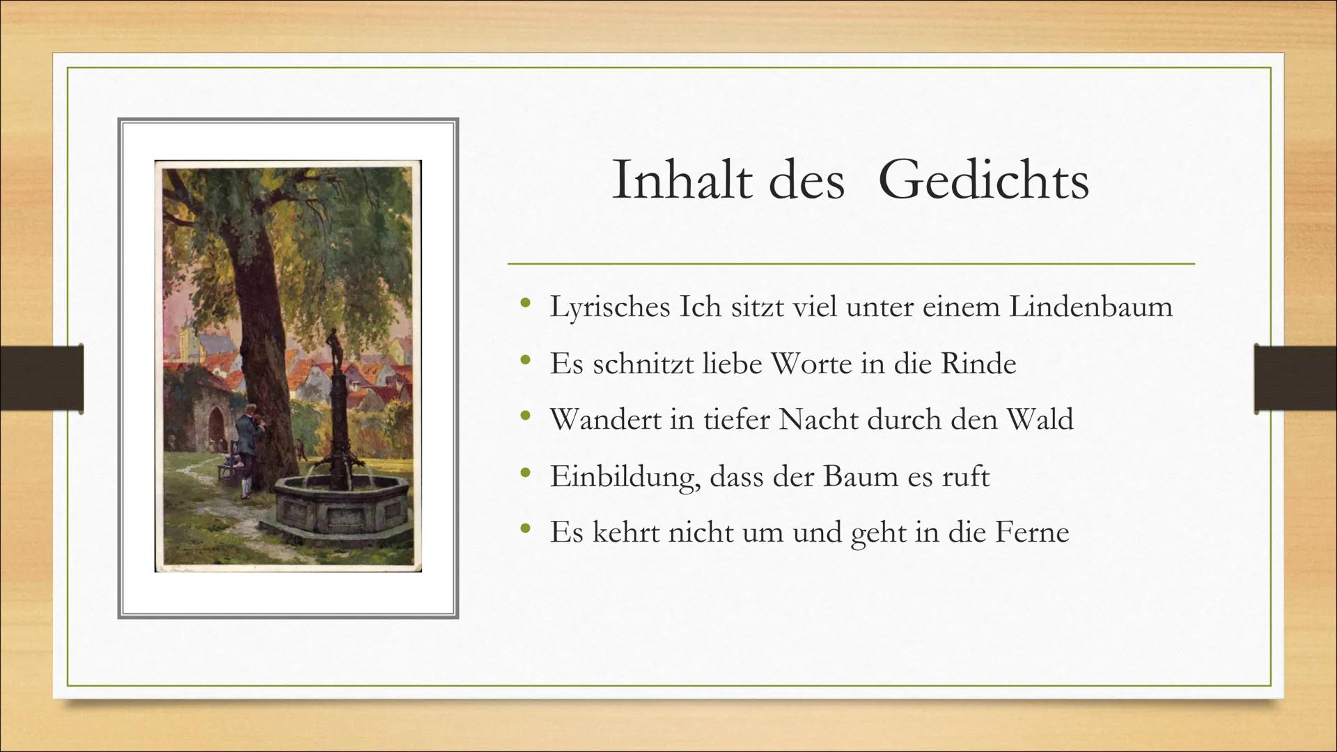 Der
Lindenbaum
Wilhelm Müller
Charlotte, Moritz, Emil, Adam ●
Gedicht
Inhalt
●
Interpretation
Biografie Wilhelm Müller
• Gedichtform und Sti
