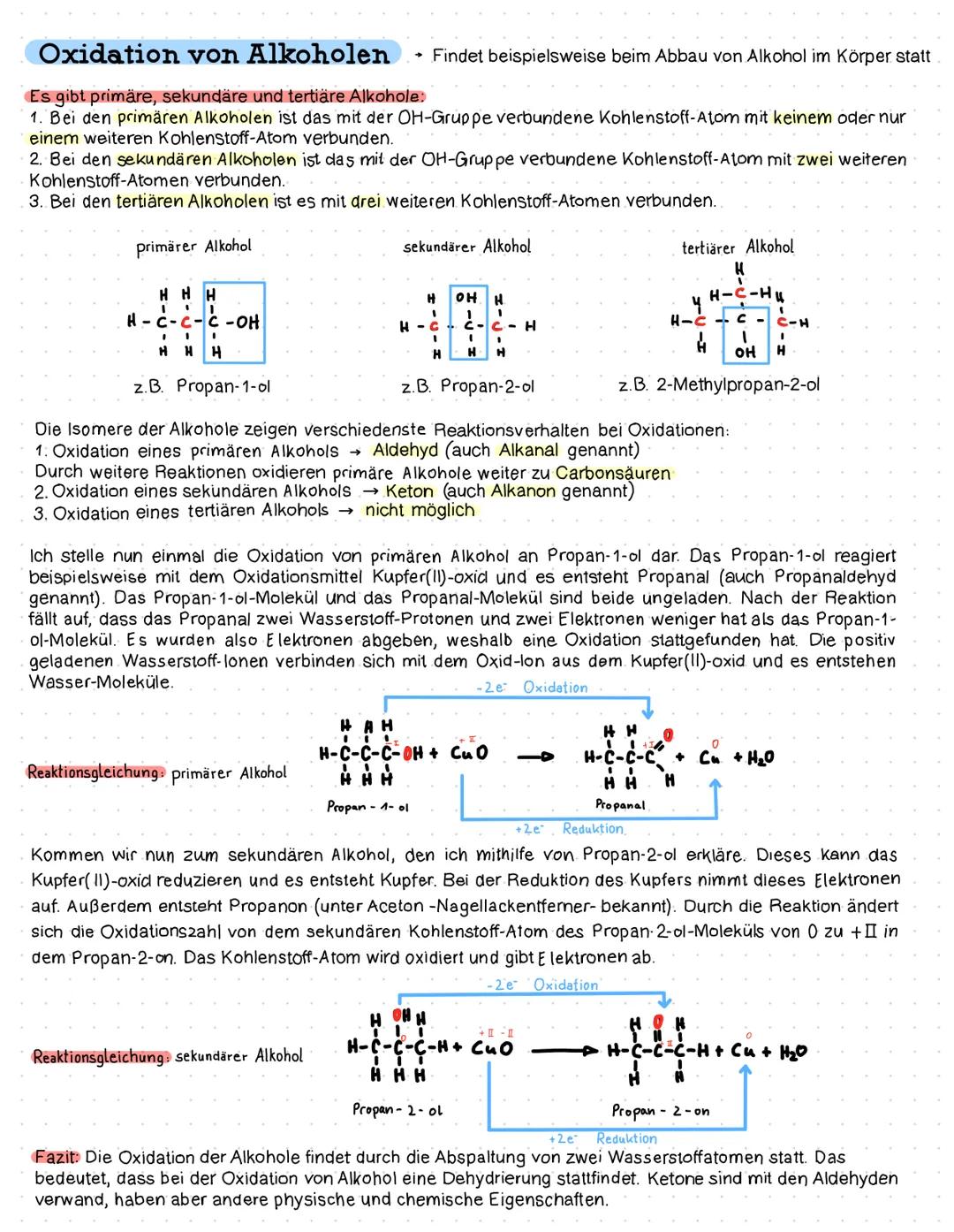 Oxidation von Alkoholen → Findet beispielsweise beim Abbau von Alkohol im Körper statt
Es gibt primäre, sekundäre und tertiäre Alkohole:
1. 