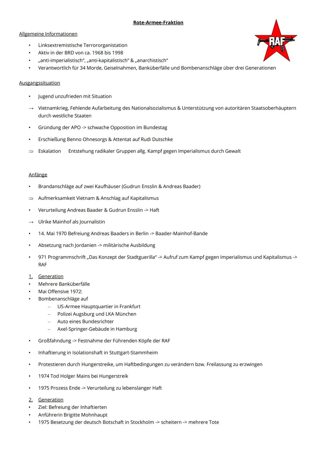# Rote-Armee-Fraktion

Allgemeine Informationen

- Linksextremistische Terrororganistation
- Aktiv in der BRD von ca. 1968 bis 1998
- anti-i