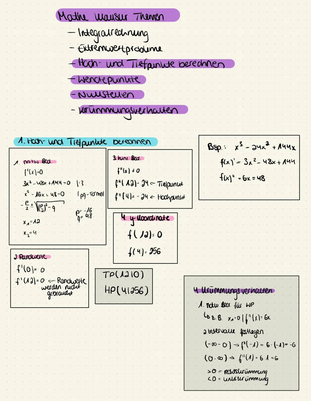 1. noth Bed
f'(x)=0
Mathe mausur themen
- Integrairedinung
-Extremwertprobleme
-Hoch- und Tiefpunute berechnen.
1. Hoch- und Tiefpunkte bere