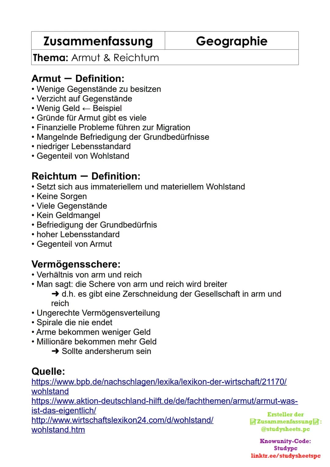 Zusammenfassung
Thema: Armut & Reichtum
Armut Definition:
• Wenige Gegenstände zu besitzen
Verzicht auf Gegenstände
• Wenig Geld Beispiel
Gr