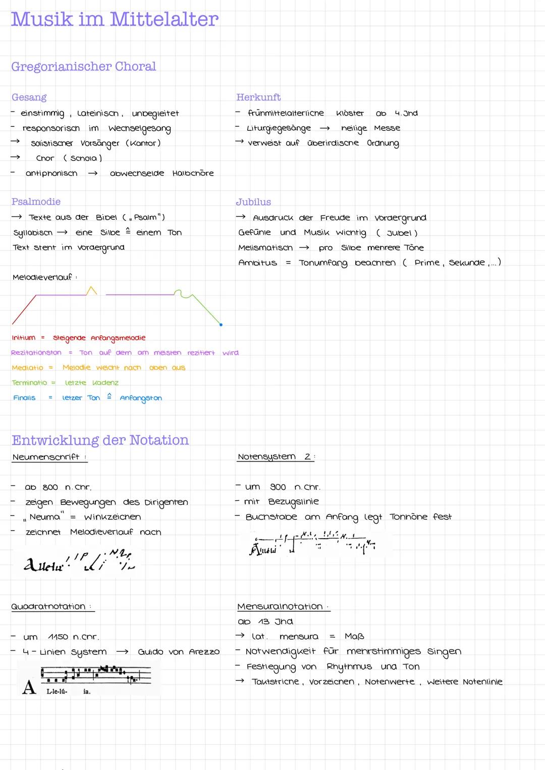 Musik im Mittelalter
Gregorianischer Choral
Gesang
einstimmig, Lateinisch, unbegleitet
responsorisch im Wechselgesang
solistischer Vorsänger