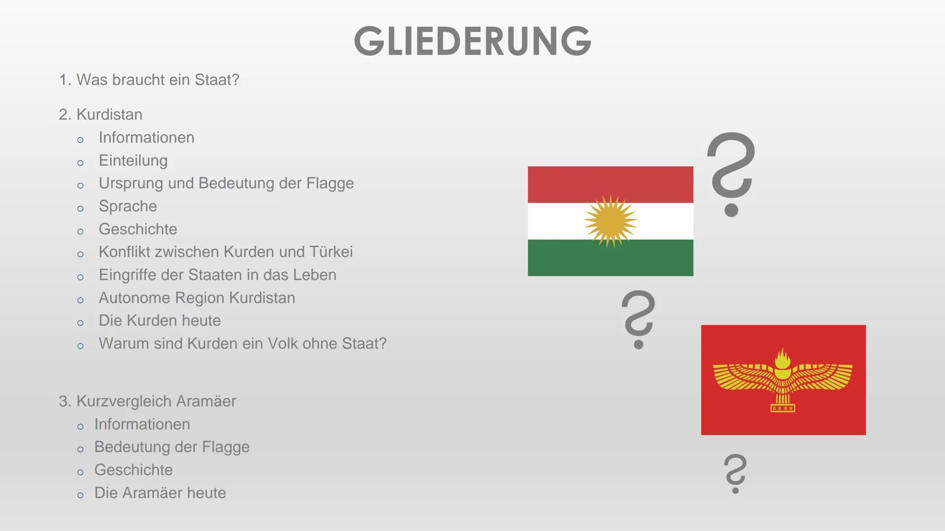 VÖLKER OHNE STAAT
Lucie, Antoina, Omjail Herr Wolf| GGK 1. Was braucht ein Staat?
2. Kurdistan
O Informationen
O Einteilung
O Ursprung und B