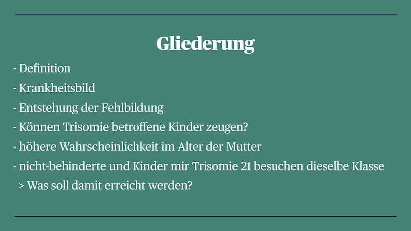 Trisomie 21
Down-Syndrom
Zoe, Louisa, Alina, Linda, La Toya, Talida, Emma, Diana Gliederung
- Definition
- Krankheitsbild
- Entstehung der F