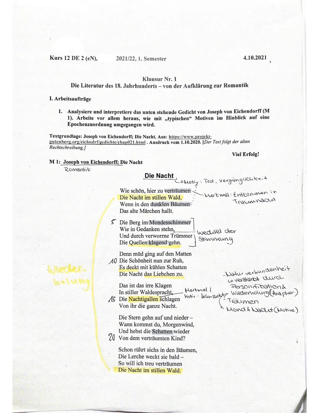 Kurs 12 DE 2 (eN),
2021/22, 1. Semester
Klausur Nr. 1
Die Literatur des 18. Jahrhunderts - von der Aufklärung zur Romantik
I. Arbeitsaufträg