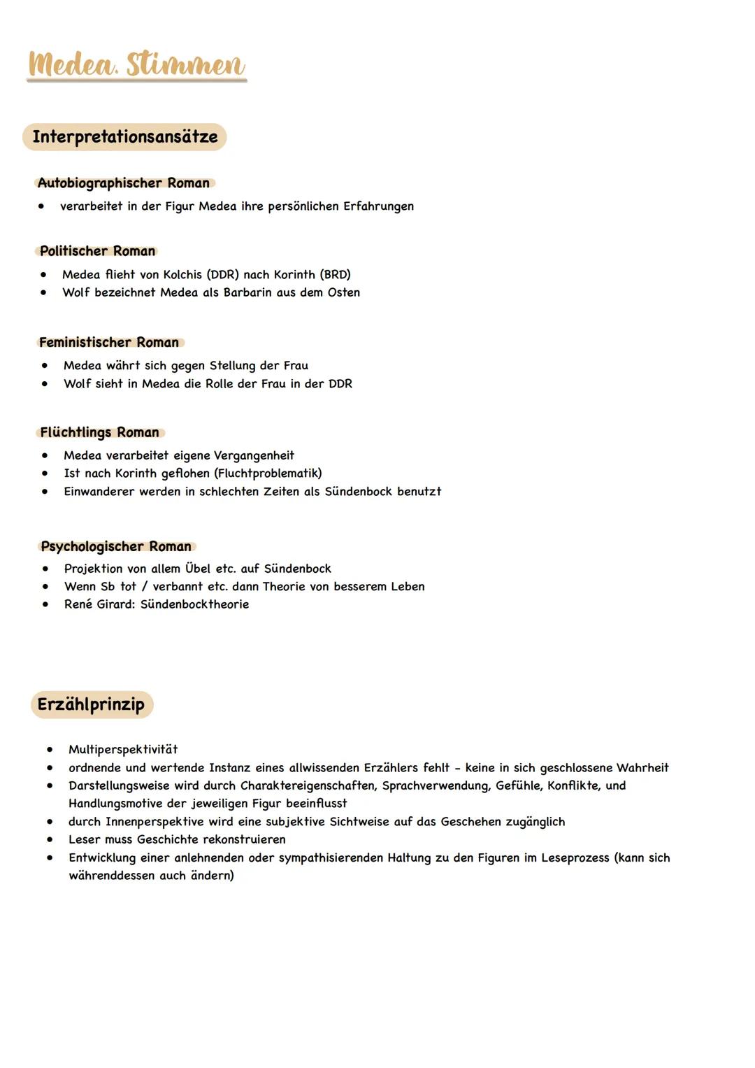 # Medea. Stimmen

Interpretationsansätze

Autobiographischer Roman

*   verarbeitet in der Figur Medea ihre persönlichen Erfahrungen

Politi