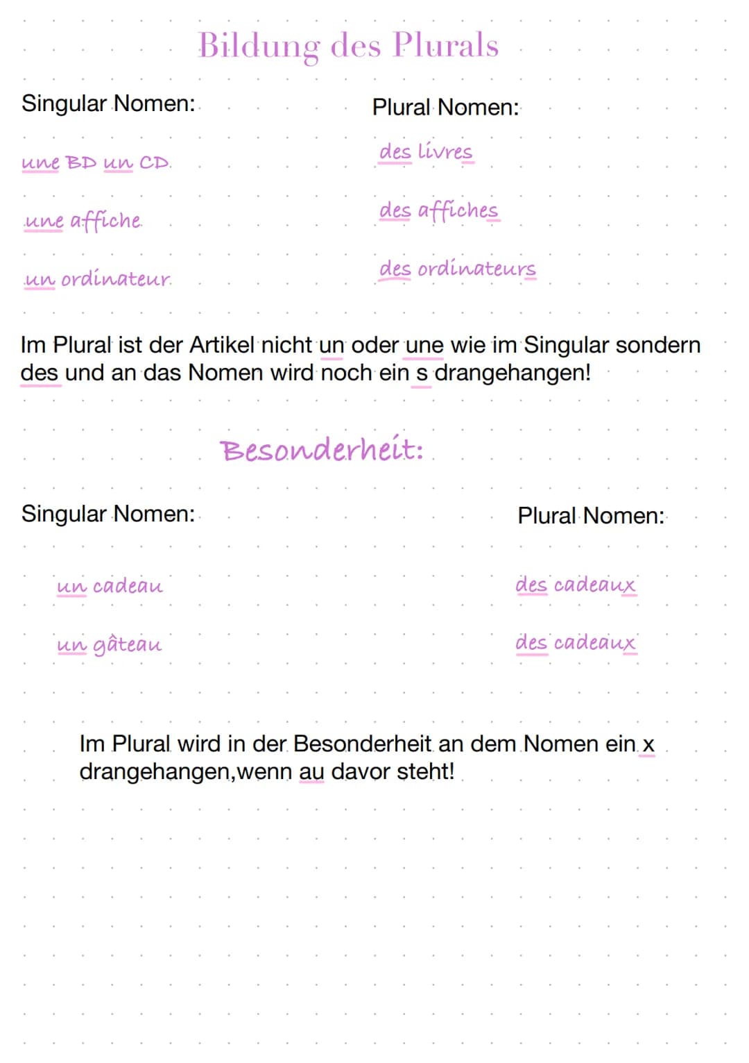 Singular Nomen:
une BD un CD.
une affiche.
un ordinateur.
Singular Nomen:
un cadeau'
Bildung des Plurals
Im Plural ist der Artikel nicht un 