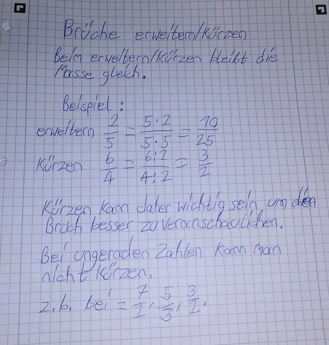 a
L
Brüche erweiterol kürzen
beim erweitern/kürzen bleibt die
Morsse gleich.
Beispiel:
erweitern
Kürzen
jamet
Al
고
612
A: Z
D
10
25
3
Z
Kürz