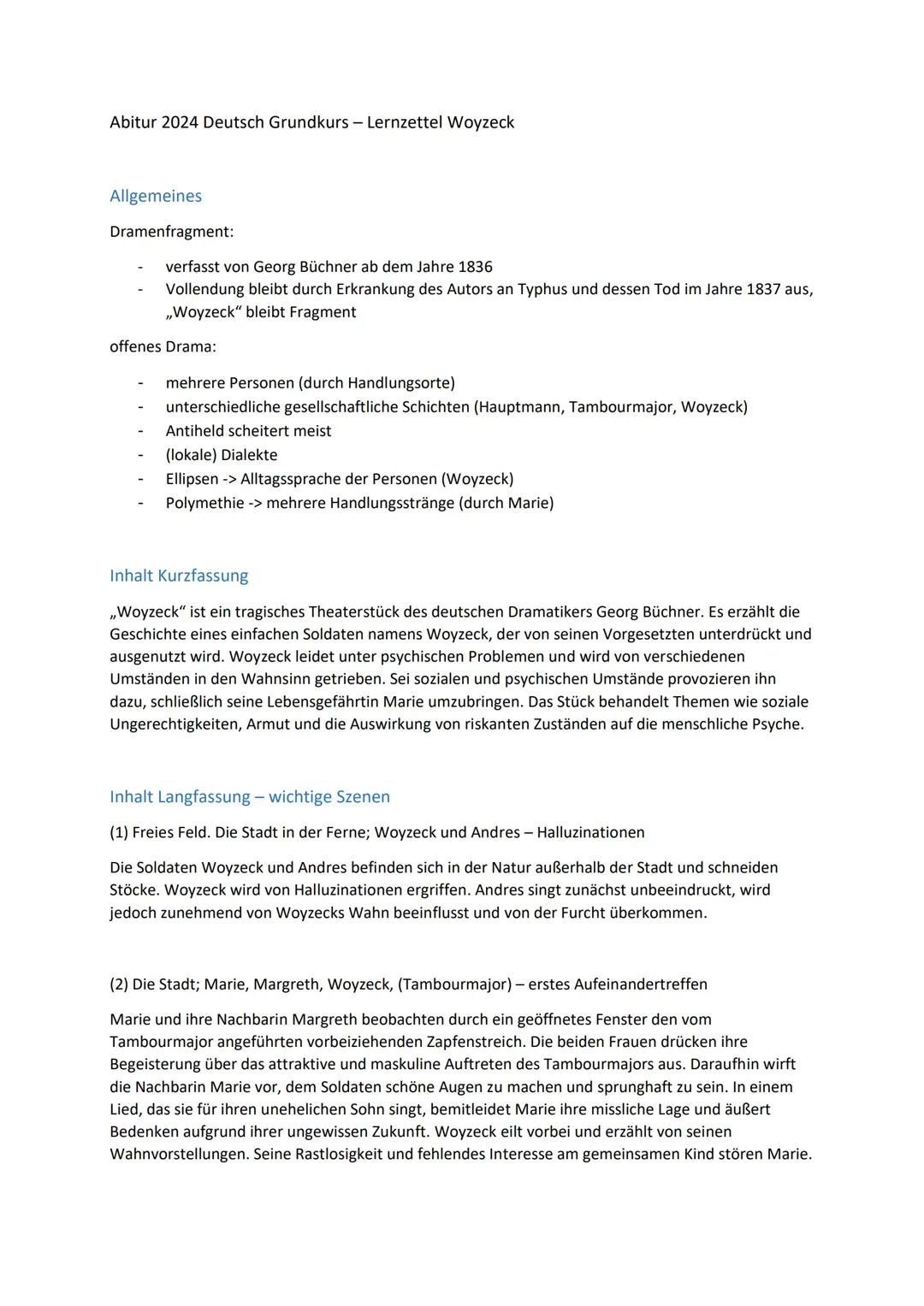 Abitur 2024 Deutsch Grundkurs - Lernzettel Woyzeck

Allgemeines

Dramenfragment:

- verfasst von Georg Büchner ab dem Jahre 1836
- Vollendun