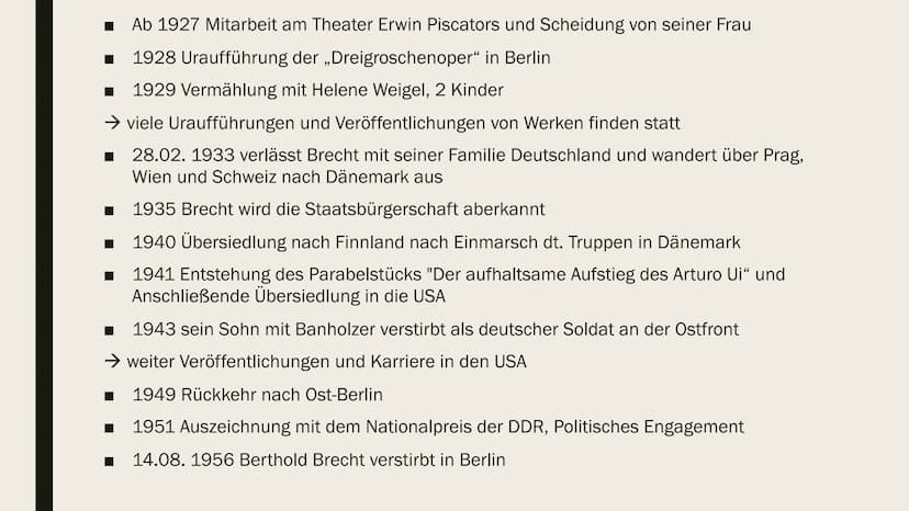 BERTHOLD BRECHT 10.02 1898
1916
1917
1918
1919
1922
1924
Ab 1927
1928
1929
28.02. 1933
1935
1940
Lebenslauf
Berthold Brecht
Eugen Berthold F