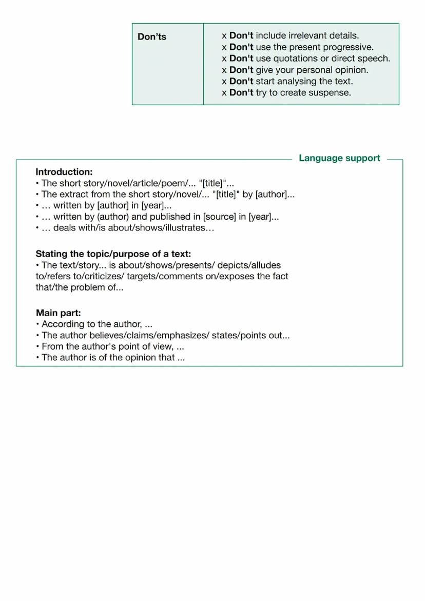 Dos
Summary
Before writing:
✓ Read the text carefully and highlight key words and/or key
sentences.
✓ Devide the text up into parts or subse