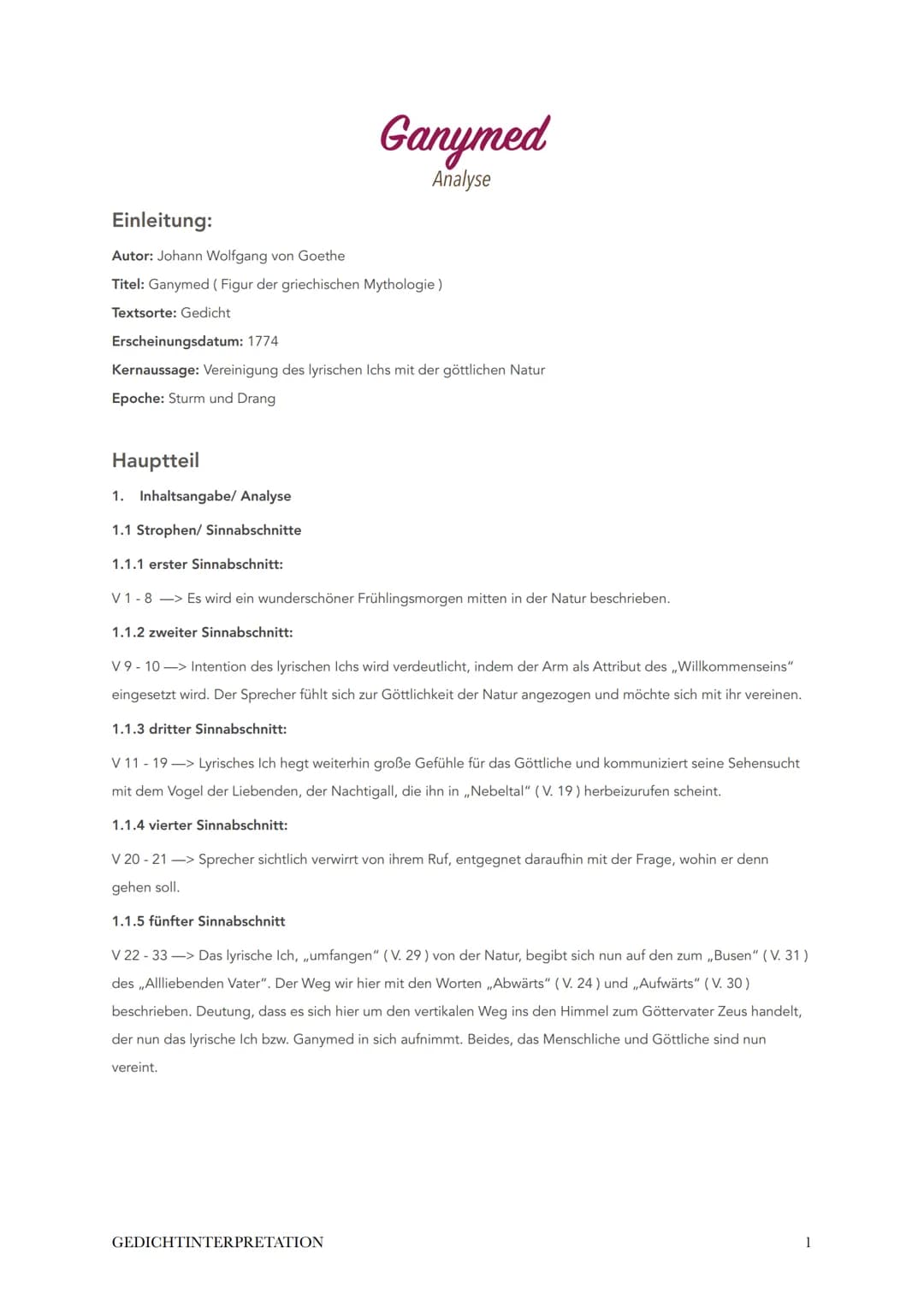 Einleitung:
Autor: Johann Wolfgang von Goethe
Titel: Ganymed (Figur der griechischen Mythologie)
Textsorte: Gedicht
Erscheinungsdatum: 1774
