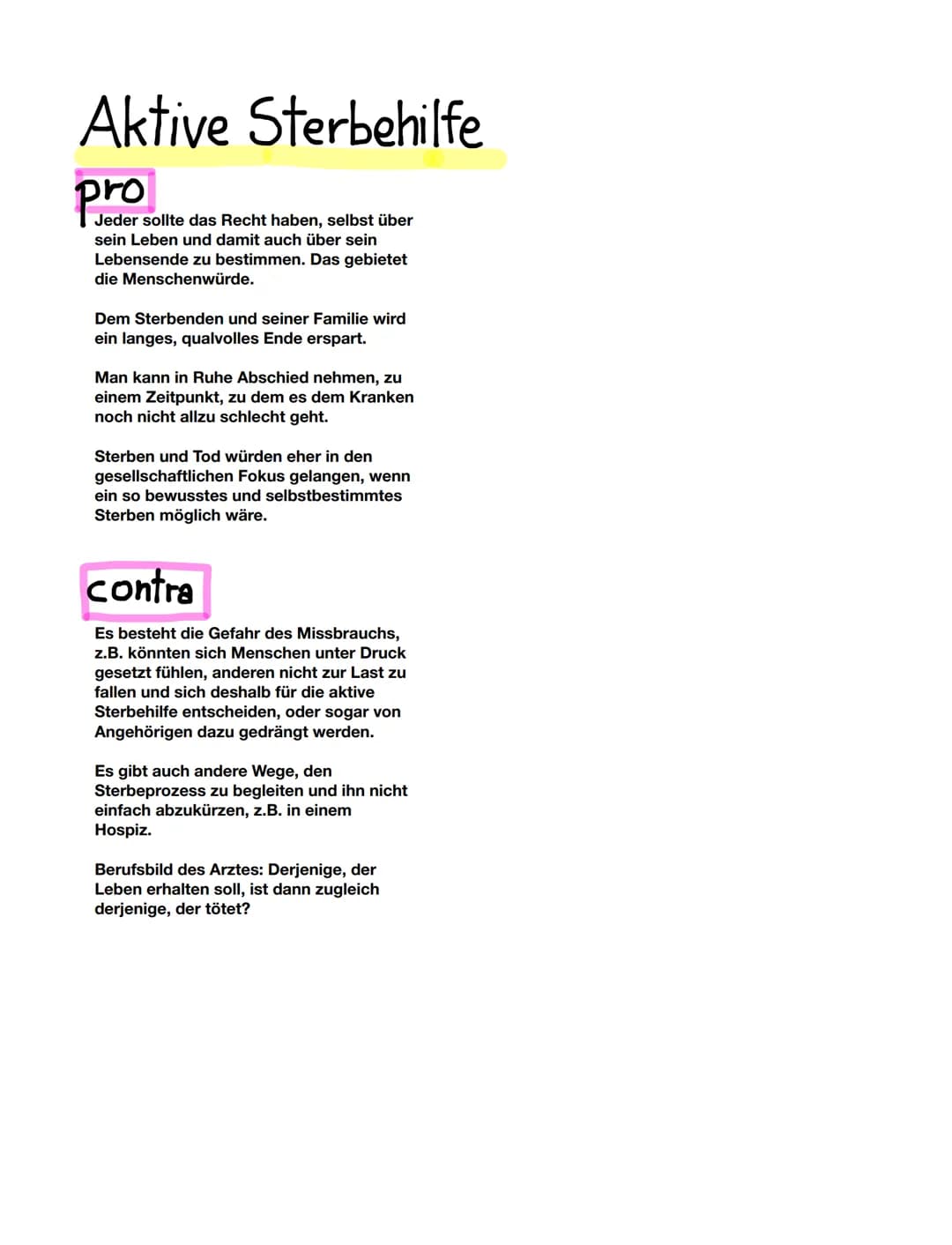 Aktive Sterbehilfe
Pro sollte das Recht haben, selbst über
sein Leben und damit auch über sein
Lebensende zu bestimmen. Das gebietet
die Men